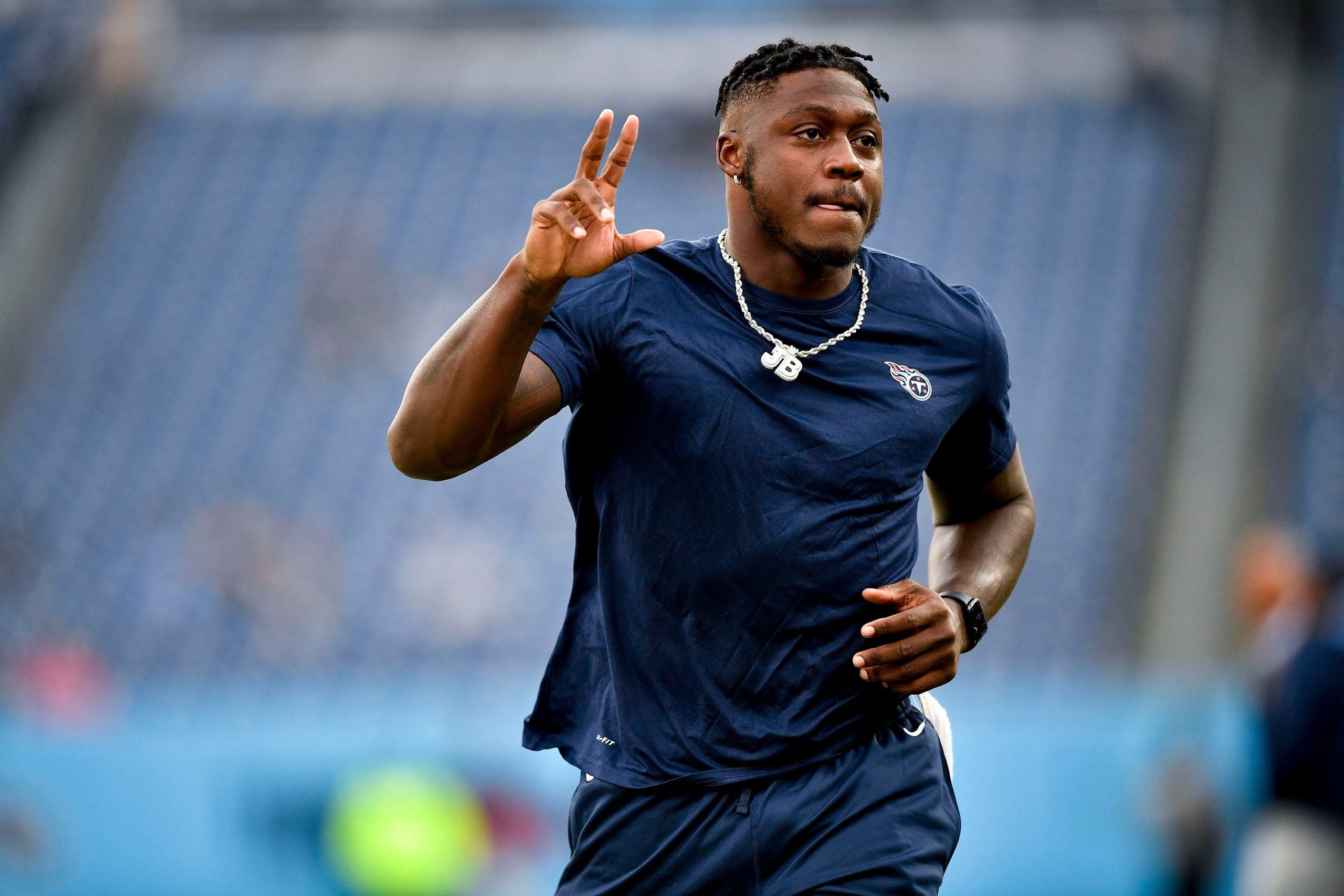 Tennessee Titans wide receiver A.J. Brown (11) runs on the field during warmups before they face the Texans at Nissan Stadium Sunday, Nov. 21, 2021 in Nashville, Tenn. Titans Texans 0100