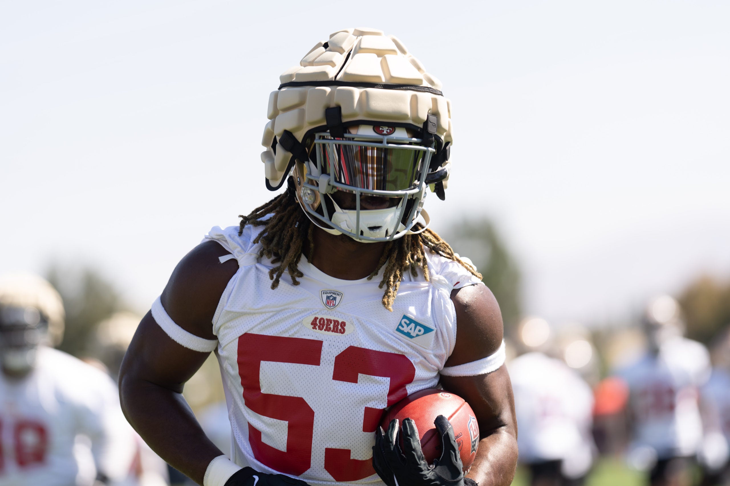 Jul 27, 2022; Santa Clara, CA, USA; San Francisco 49ers defensive lineman Kemoko Turay (53) warms up during Training Camp at the SAP Performance Facility near Levi Stadium. Mandatory Credit: Stan Szeto-USA TODAY Sports