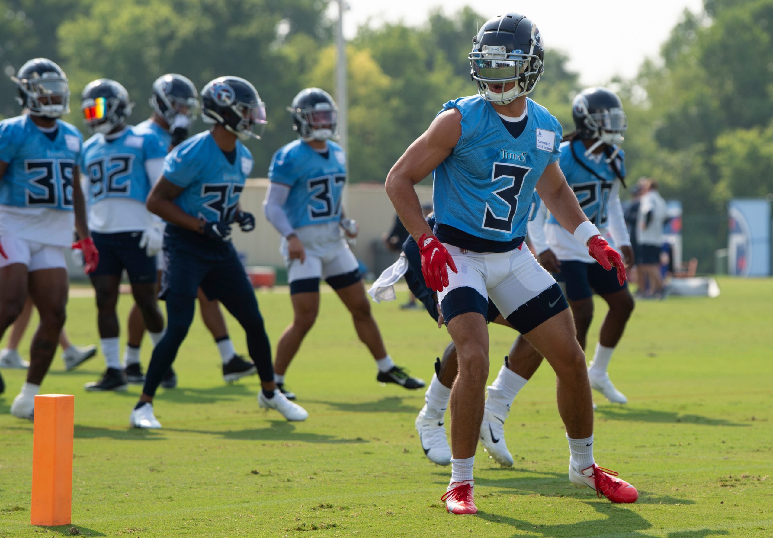 Tennessee Titans cornerback Caleb Farley (3) warms up during a training camp practice at Saint Thomas Sports Park Monday, Aug. 2, 2021 in Nashville, Tenn. Nas 0802 Titans Camp 001