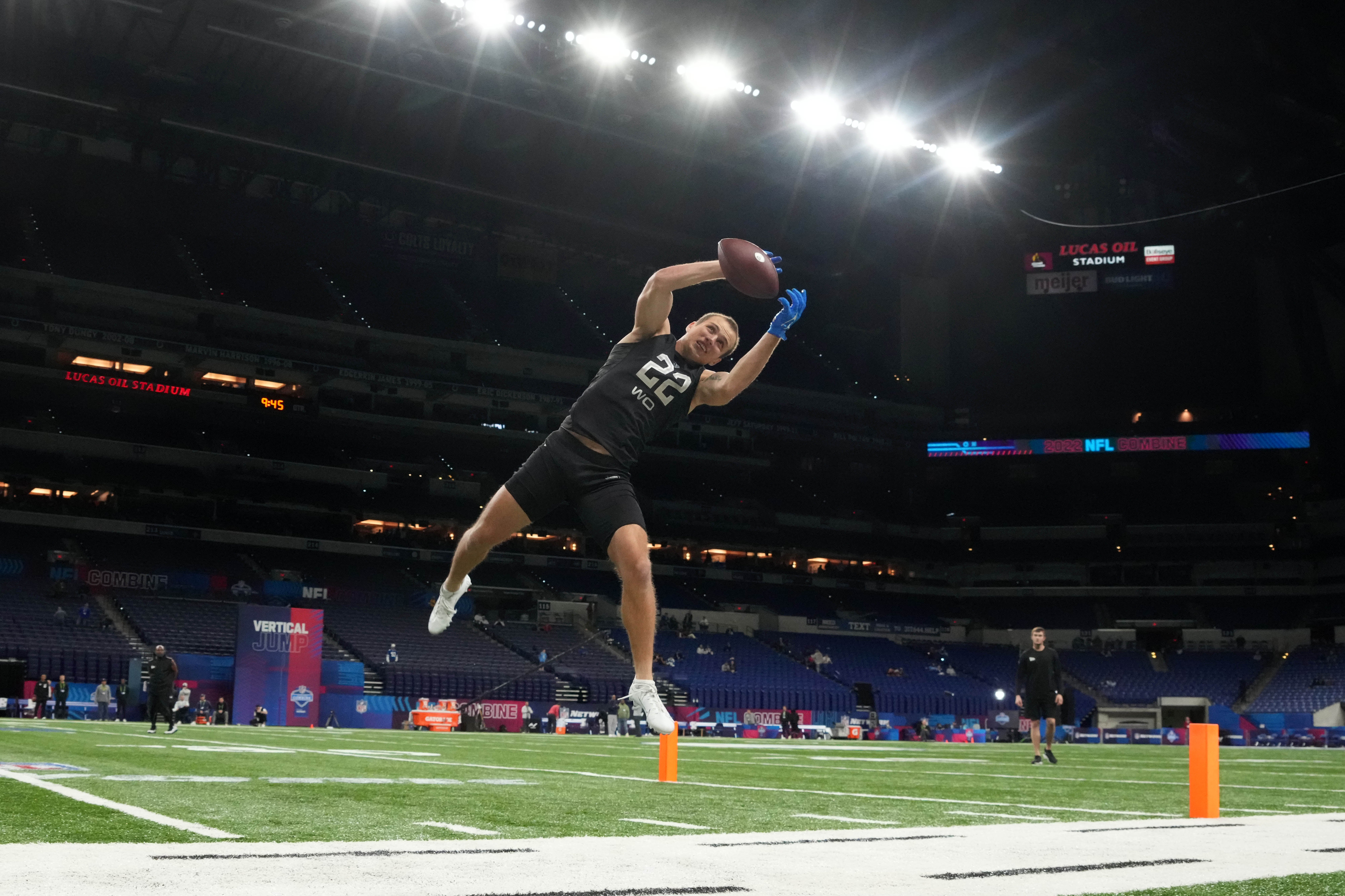 Mar 3, 2022; Indianapolis, IN, USA; UCLA Bruins wide receiver Kyle Philips catches a pass during the NFL Scouting Combine at Lucas Oil Stadium. Mandatory Credit: Kirby Lee-USA TODAY Sports