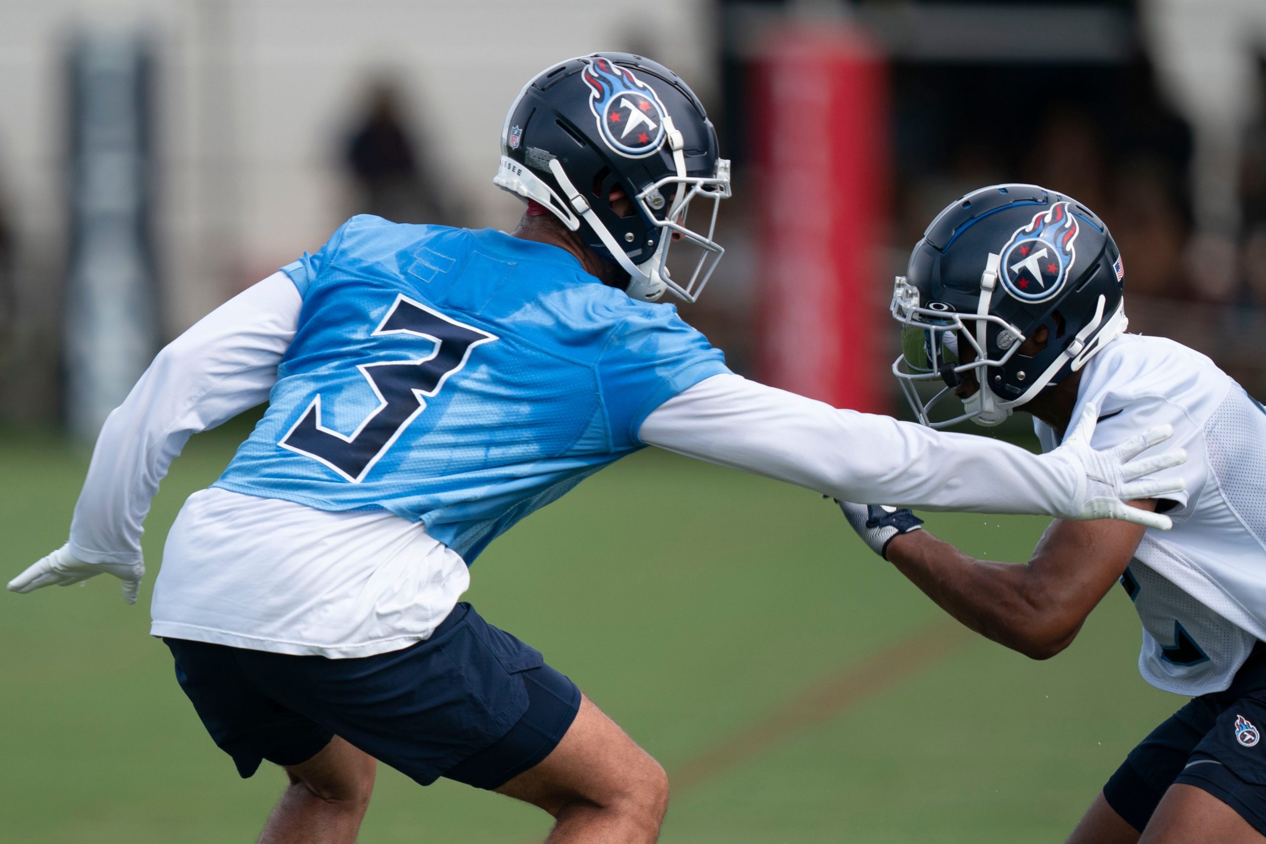 Tennessee Titans cornerback Caleb Farley (3) works with wide receiver Robert Woods (2) during a training camp practice at Ascension Saint Thomas Sports Park Saturday, July 30, 2022, in Nashville, Tenn. Nas 0730 Titans 031