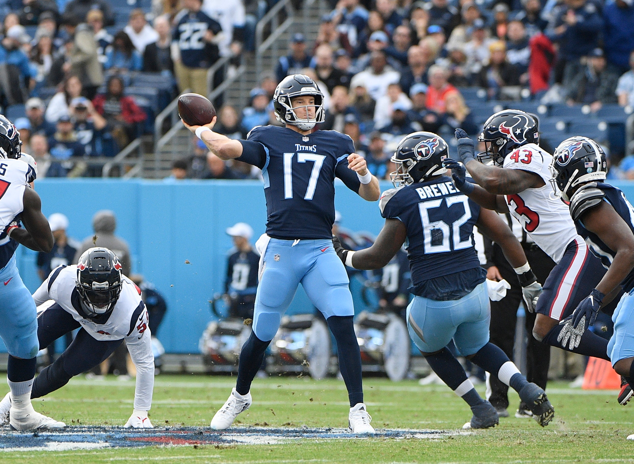 Nov 21, 2021; Nashville, Tennessee, USA;  Tennessee Titans quarterback Ryan Tannehill (17) throws the ball against the Houston Texans during the first half at Nissan Stadium. Mandatory Credit: Steve Roberts-USA TODAY Sports