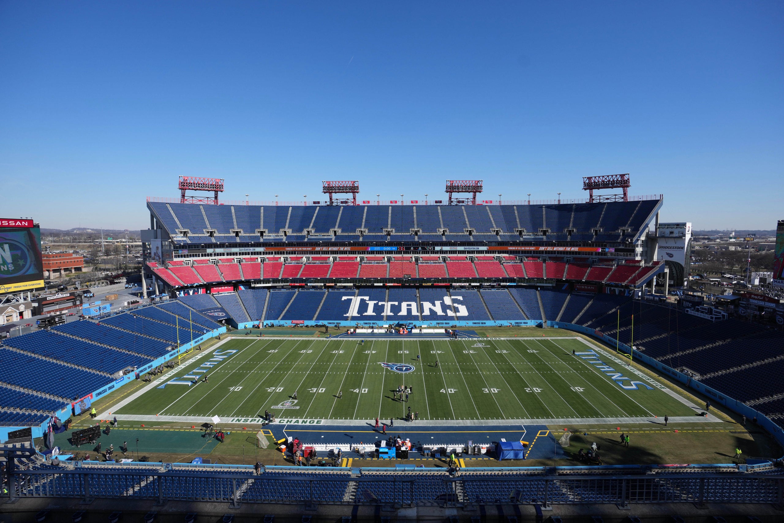 Jan 22, 2022; Nashville, Tennessee, USA; Views of Nissan Stadium before an AFC Divisional playoff football game at between the Tennessee Titans and Cincinnati Bengals. Mandatory Credit: Kirby Lee-USA TODAY Sports