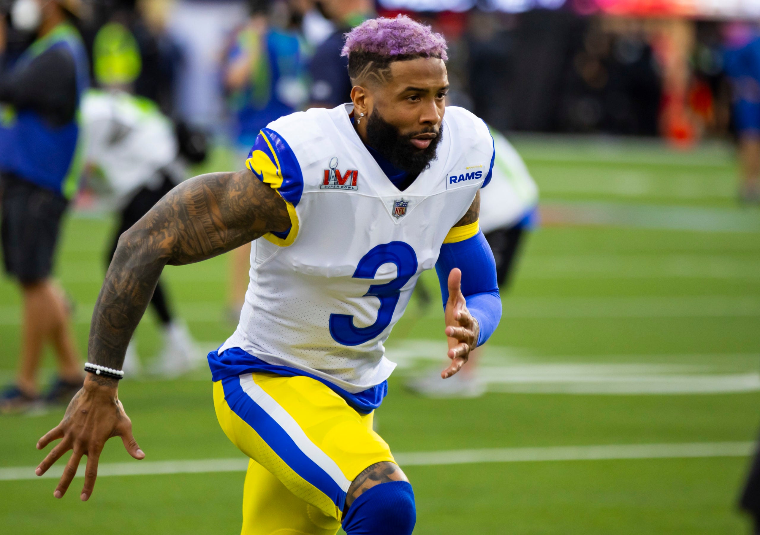 Feb 13, 2022; Inglewood, CA, USA; Los Angeles Rams wide receiver Odell Beckham Jr. (3) against the Cincinnati Bengals during Super Bowl LVI at SoFi Stadium. Mandatory Credit: Mark J. Rebilas-USA TODAY Sports