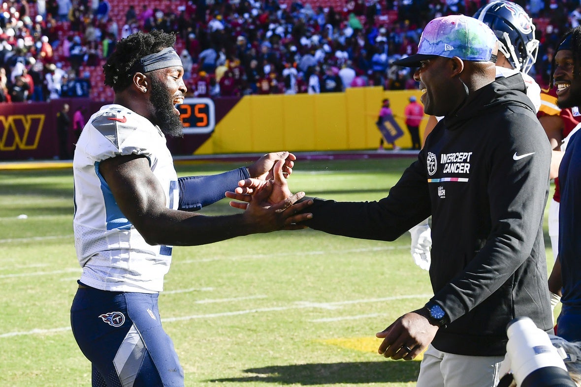 Oct 9, 2022; Landover, Maryland, USA; Tennessee Titans linebacker David Long Jr. (51) reacts after making an interception against the Washington Commanders during the second half at FedExField. Mandatory Credit: Brad Mills-USA TODAY Sports