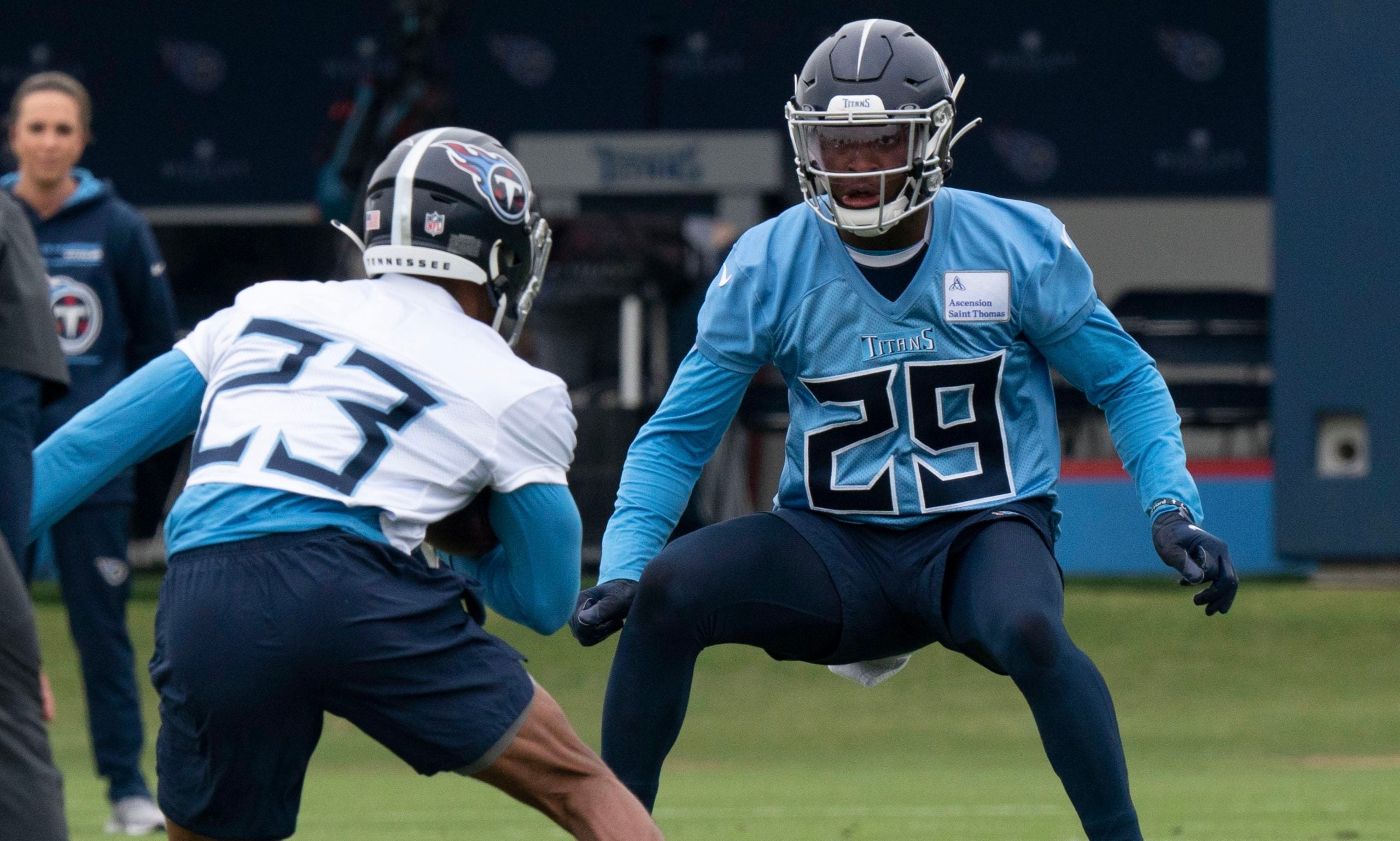 Tennessee Titans running back Trenton Cannon (23) tries to get past Tennessee Titans safety Theo Jackson (29) during practice at Saint Thomas Sports Park Tuesday, May 24, 2022, in Nashville, Tenn. Nas Titans Ota 011
