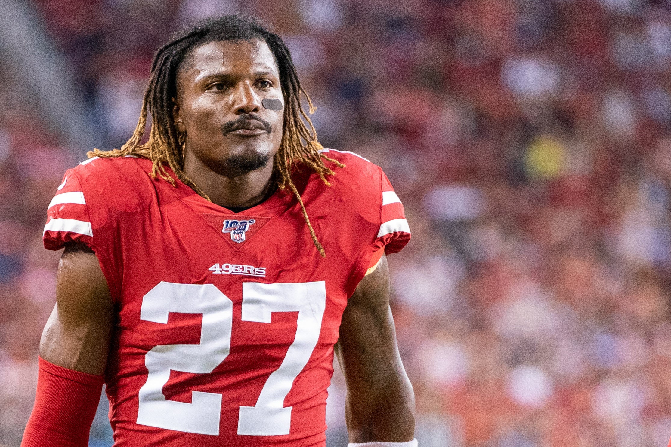 August 10, 2019; Santa Clara, CA, USA; San Francisco 49ers free safety Adrian Colbert (27) leaves the field during the third quarter against the Dallas Cowboys at Levi's Stadium. Mandatory Credit: Kyle Terada-USA TODAY Sports