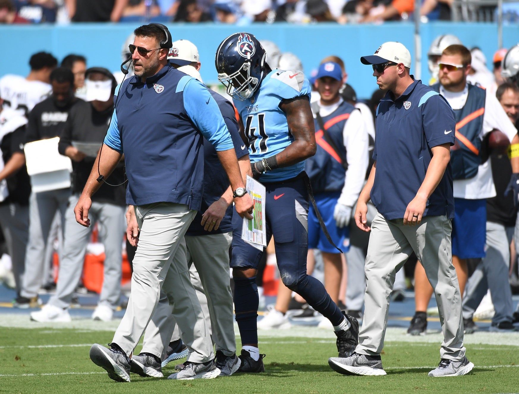 Sep 25, 2022; Nashville, Tennessee, USA; Tennessee Titans linebacker Zach Cunningham (41) is helped off the field after an injury against the Las Vegas Raiders at Nissan Stadium. Mandatory Credit: Christopher Hanewinckel-USA TODAY Sports