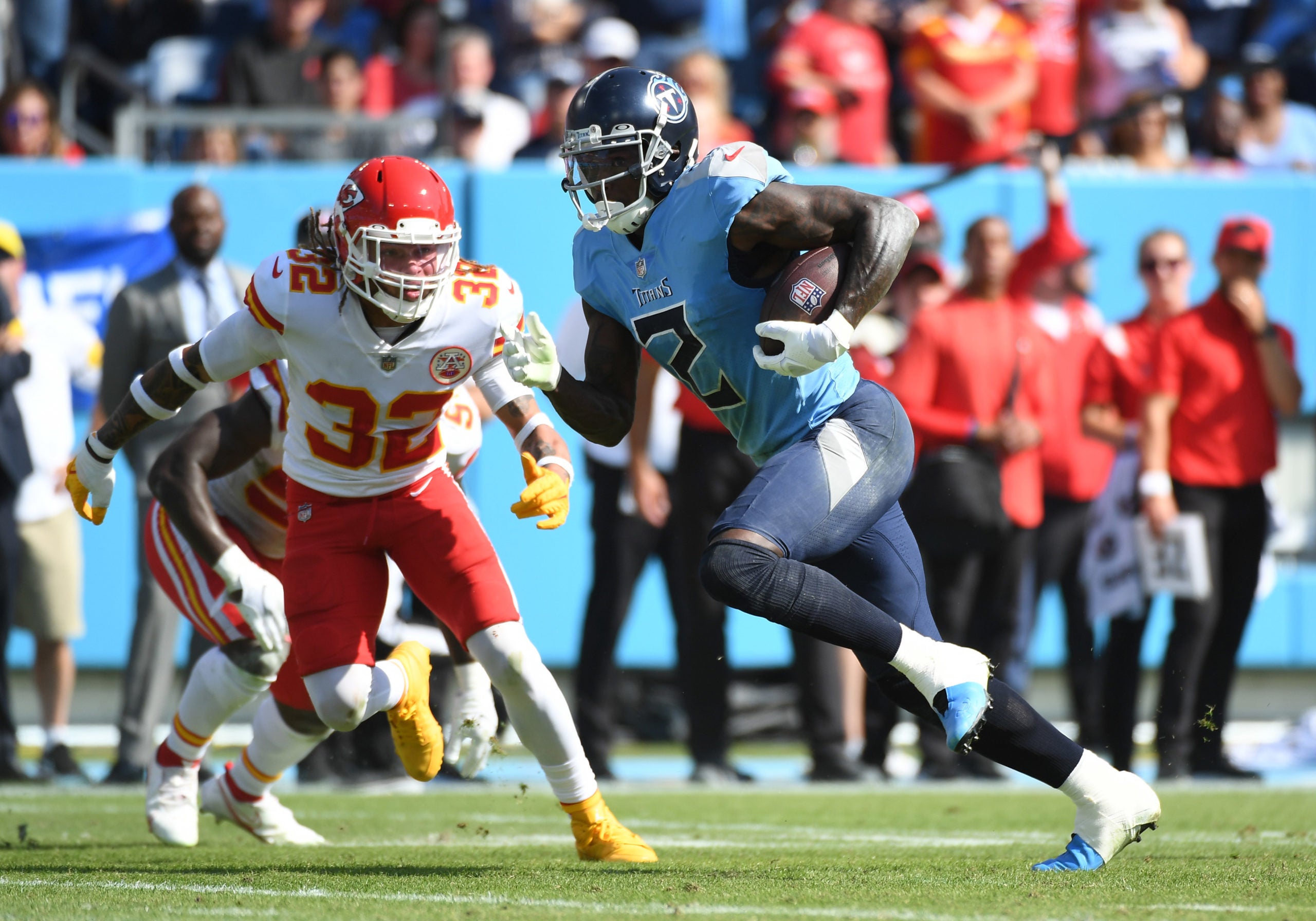 Oct 24, 2021; Nashville, Tennessee, USA; Tennessee Titans wide receiver Julio Jones (2) during the first half at Nissan Stadium. Mandatory Credit: Christopher Hanewinckel-USA TODAY Sports