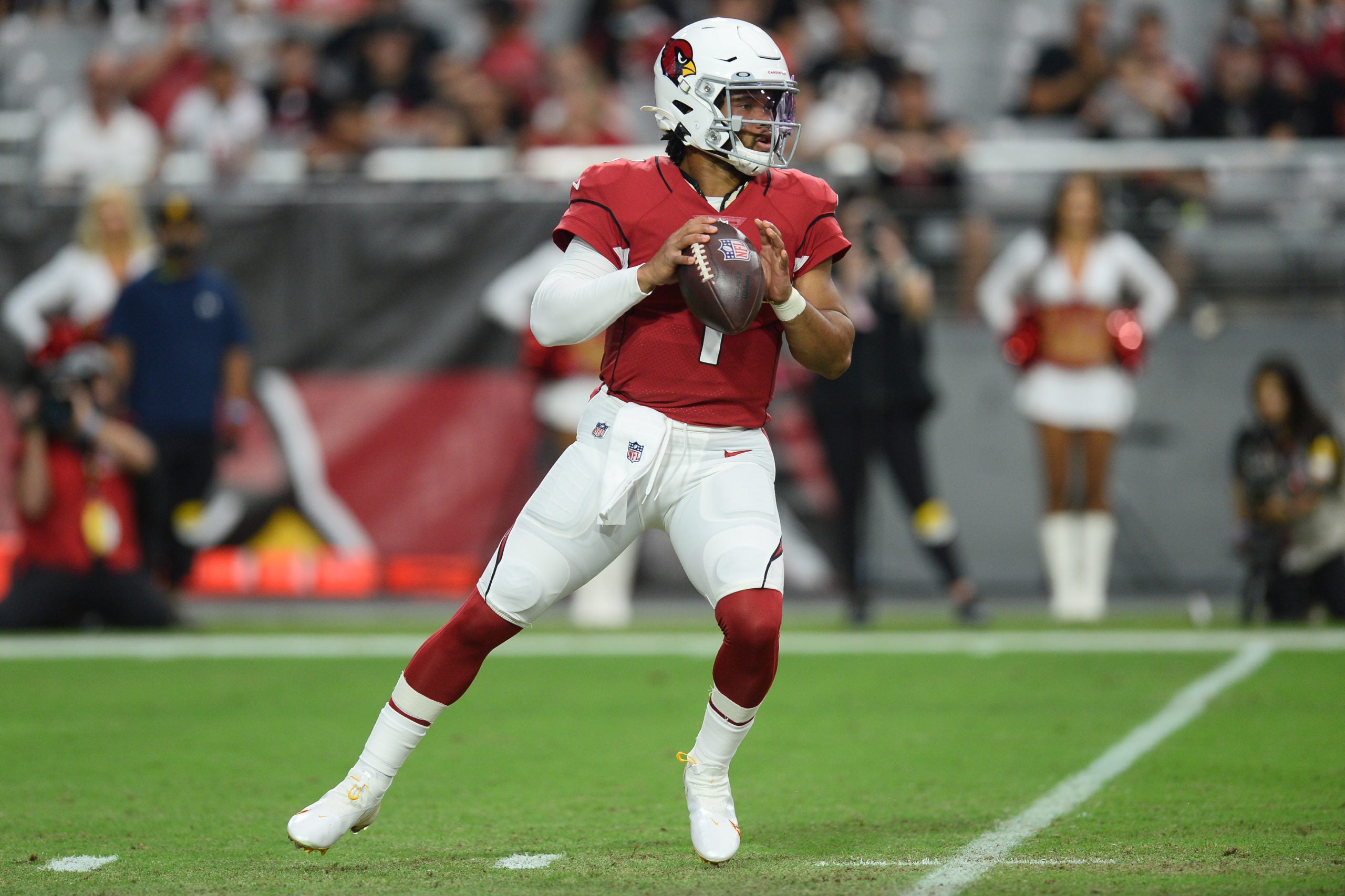 Aug 20, 2021; Glendale, Arizona, USA; Arizona Cardinals quarterback Kyler Murray (1) drops back to pass during the first half at State Farm Stadium. Mandatory Credit: Joe Camporeale-USA TODAY Sports