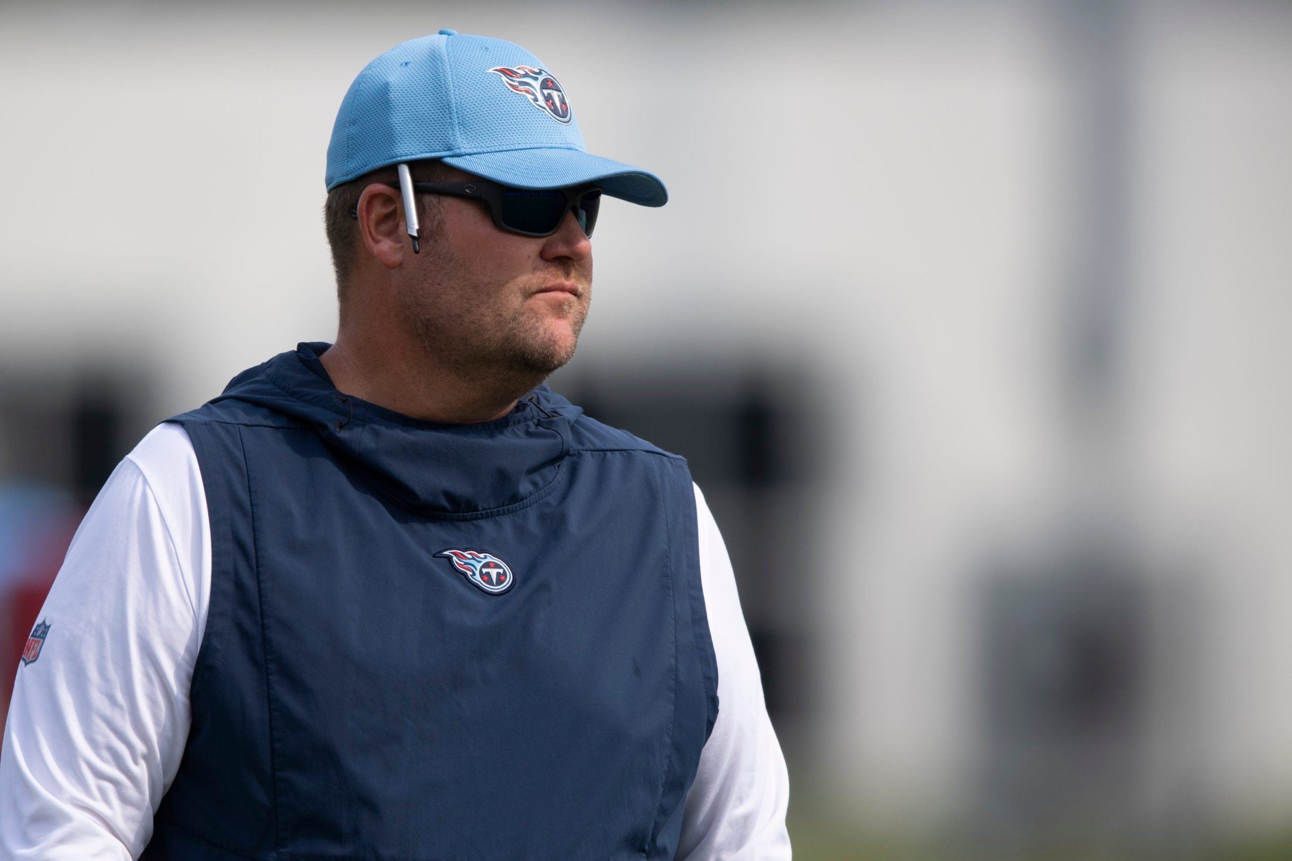 Tennessee Titans general manager Jon Robinson watches during a training camp practice at Saint Thomas Sports Park Friday, Aug. 6, 2021 in Nashville, Tenn. Nas 0806 Titans Camp 015