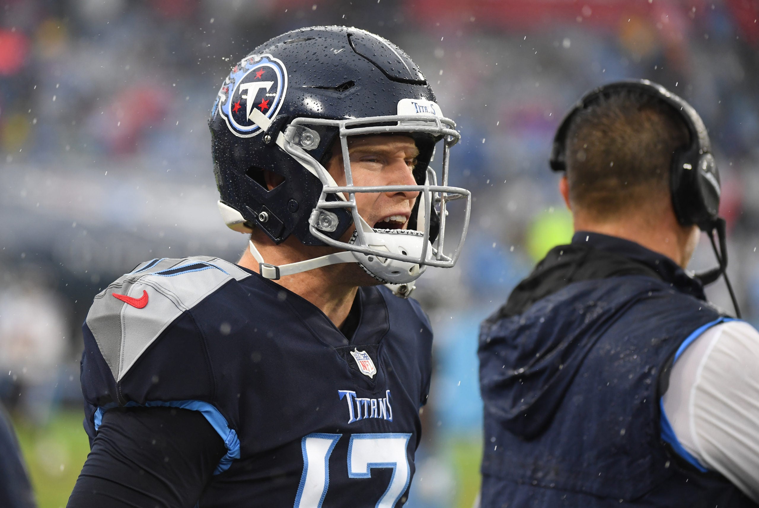 Nov 21, 2021; Nashville, Tennessee, USA; Tennessee Titans quarterback Ryan Tannehill (17) on the sidelines during the second half against the Houston Texans at Nissan Stadium. Mandatory Credit: Christopher Hanewinckel-USA TODAY Sports