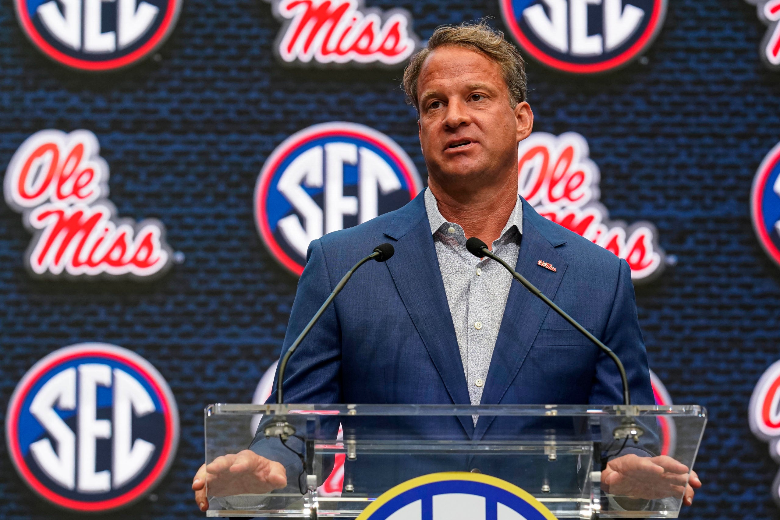 Jul 18, 2022; Atlanta, GA, USA; Mississippi head coach Lane Kiffin speaks to the media during SEC Media Days at the College Football Hall of Fame. Mandatory Credit: Dale Zanine-USA TODAY Sports
