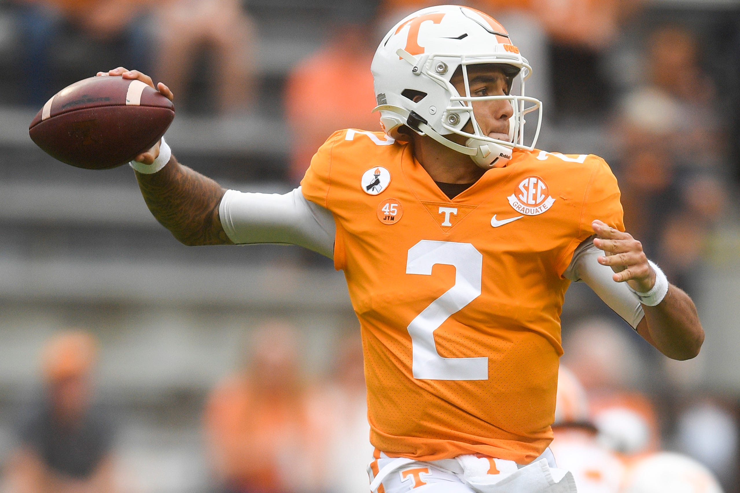 Tennessee quarterback Jarrett Guarantano (2) throws a pass during a game between Alabama and Tennessee at Neyland Stadium in Knoxville, Tenn. on Saturday, Oct. 24, 2020. 102420 Ut Bama Gameaction