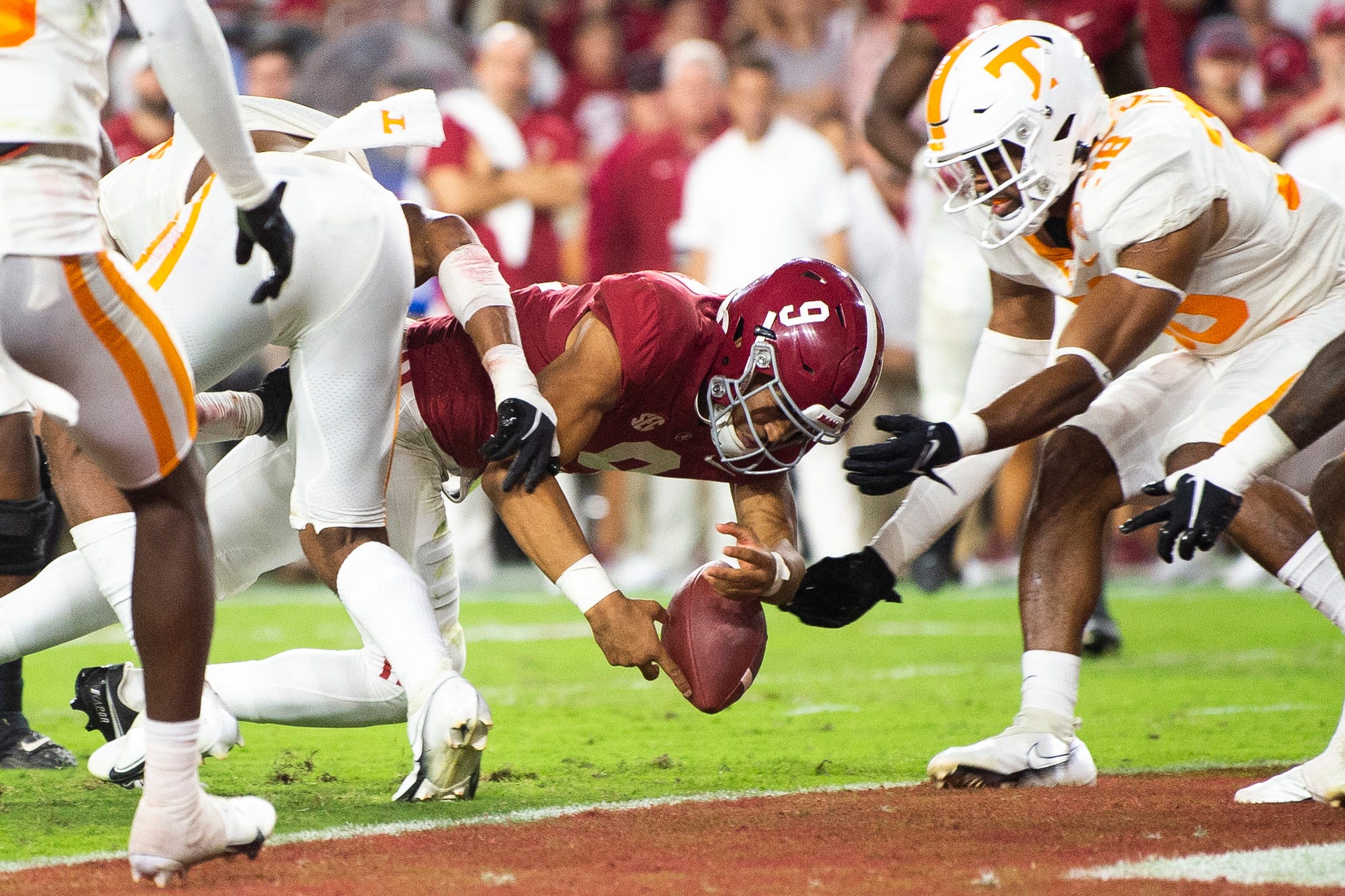 Alabama quarterback Bryce Young (9) loses the ball at the goal line during a football game between the Tennessee Volunteers and the Alabama Crimson Tide at Bryant-Denny Stadium in Tuscaloosa, Ala., on Saturday, Oct. 23, 2021. Kns Tennessee Alabama Football Bp rank1