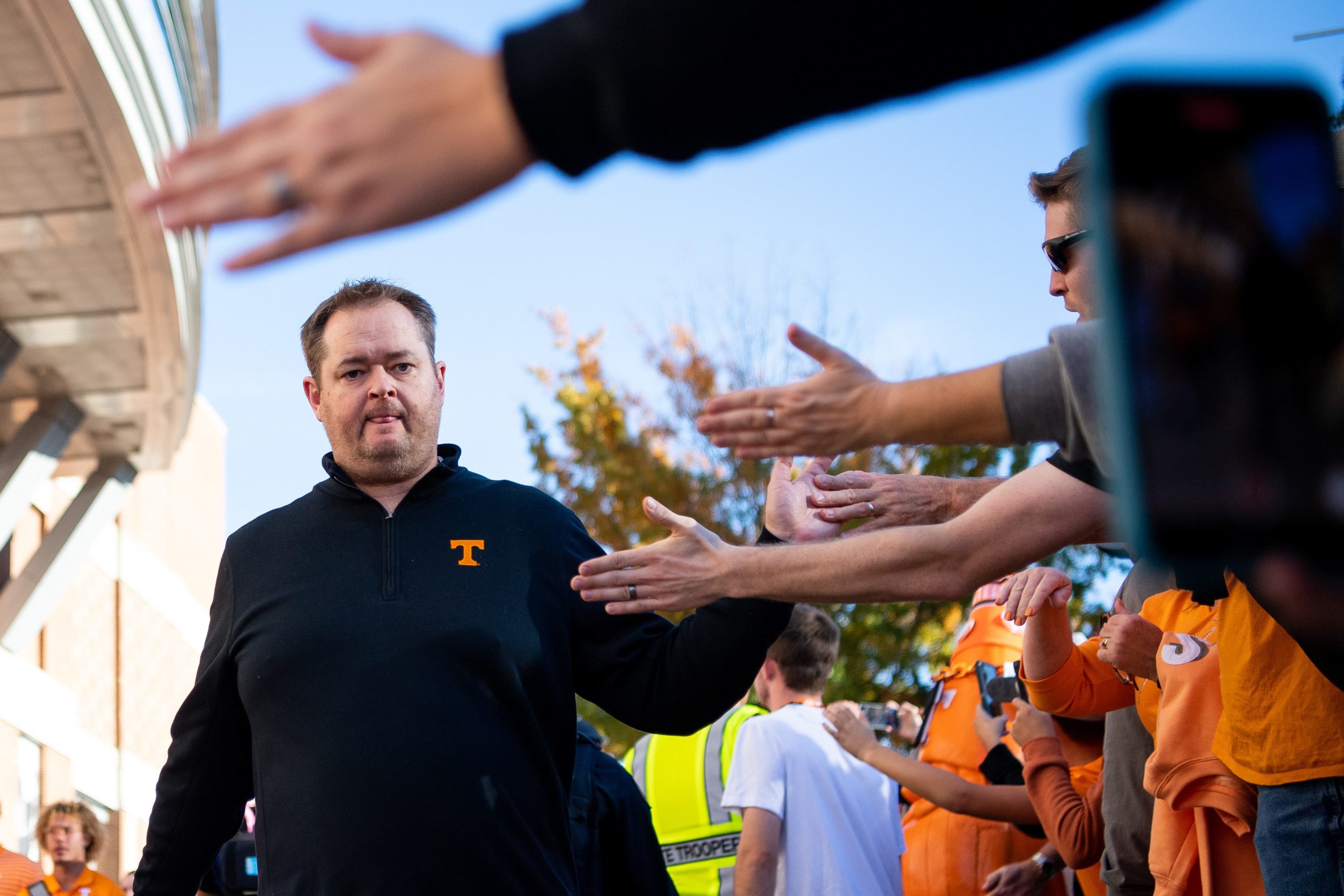Tennessee head football coach Josh Heupel high fives fans during the Vol Walk before Tennessee's game against Kentucky at Neyland Stadium in Knoxville, Tenn., on Saturday, Oct. 29, 2022. Kns Vols Kentucky Bp