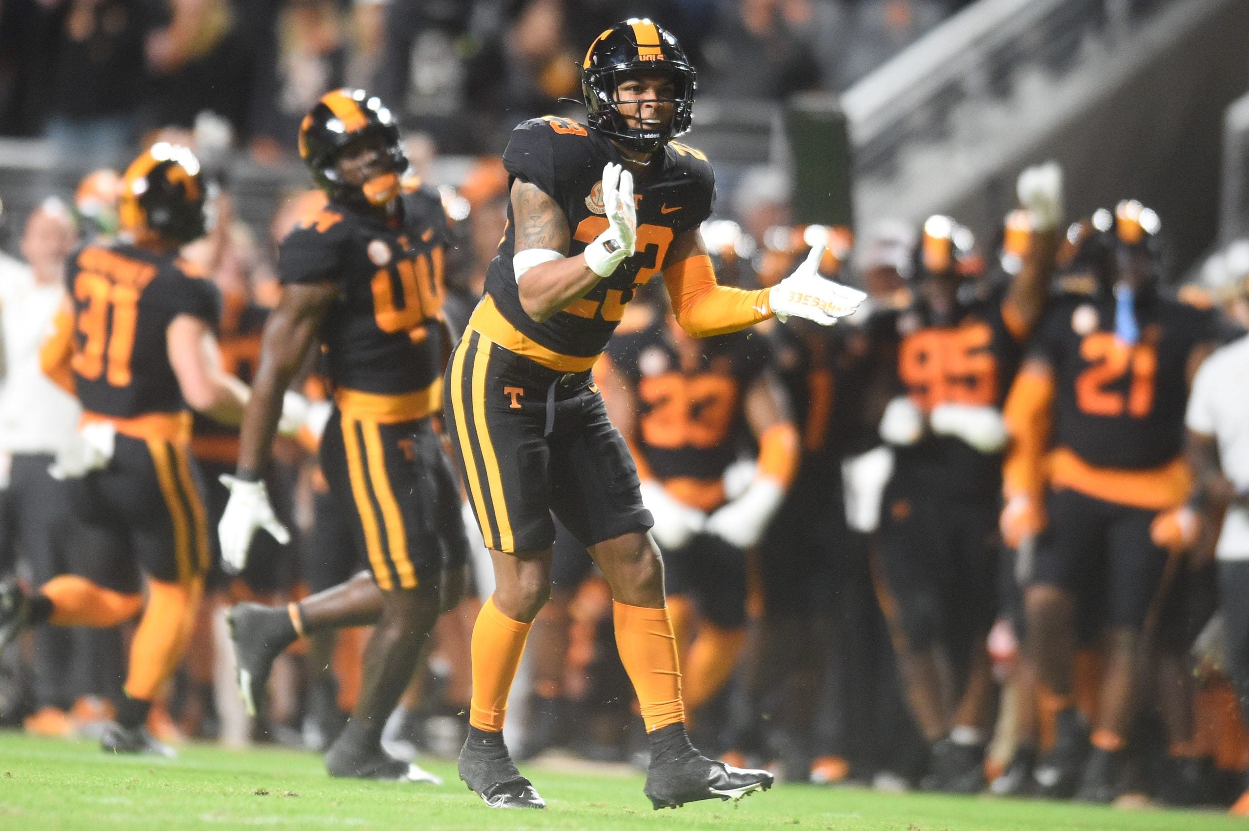Tennessee defensive back Cheyenne Labruzza (23) celebrates the stop during the NCAA football match between Tennessee and Kentucky in Knoxville, Tenn. on Saturday, Oct. 29, 2022. Tennesseevskentucky1029 3280