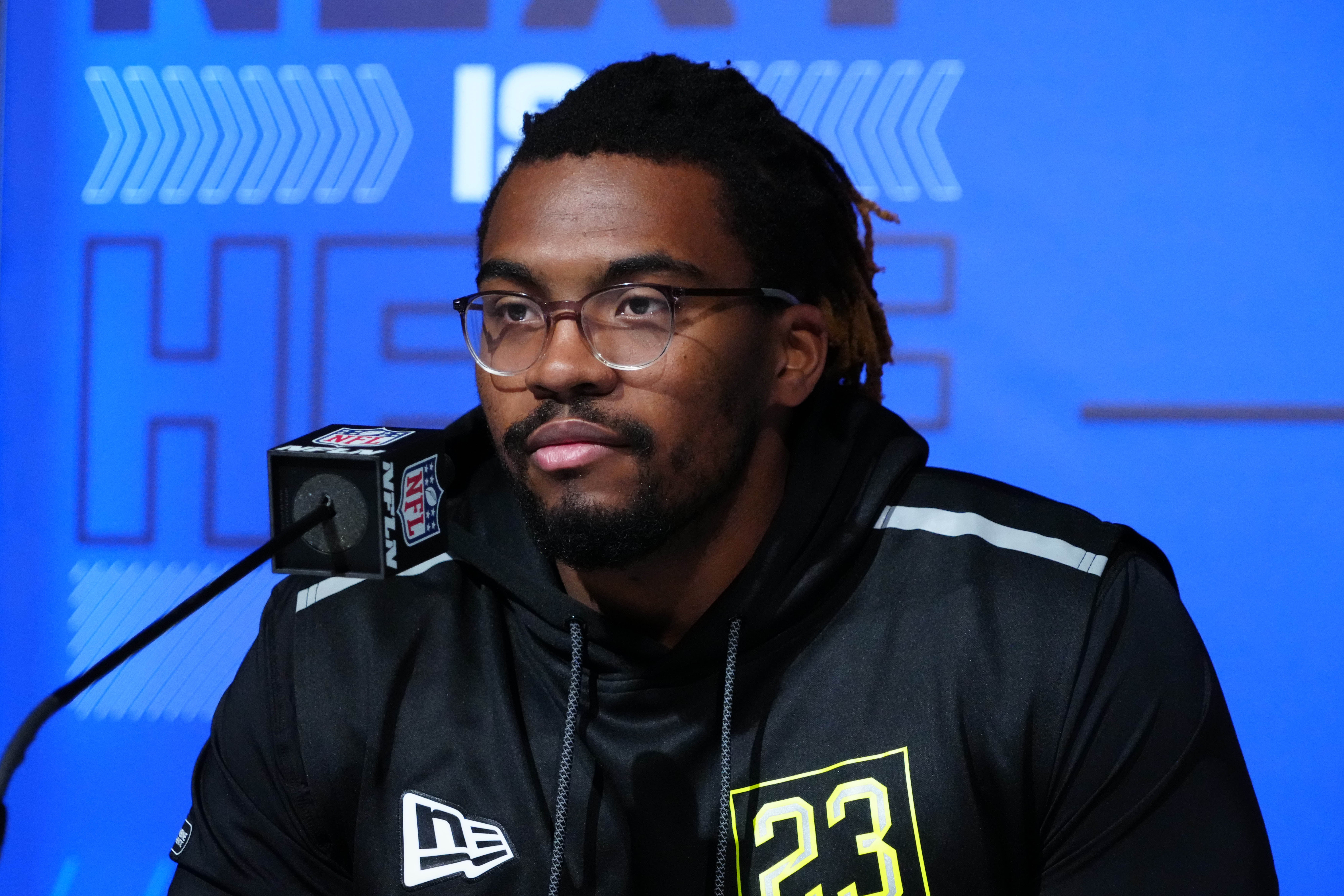 Mar 3, 2022; Indianapolis, IN, USA;  Southern utah offensive lineman Braxton Jones during the NFL Scouting Combine at the Indiana Convention Center. Mandatory Credit: Kirby Lee-USA TODAY Sports
