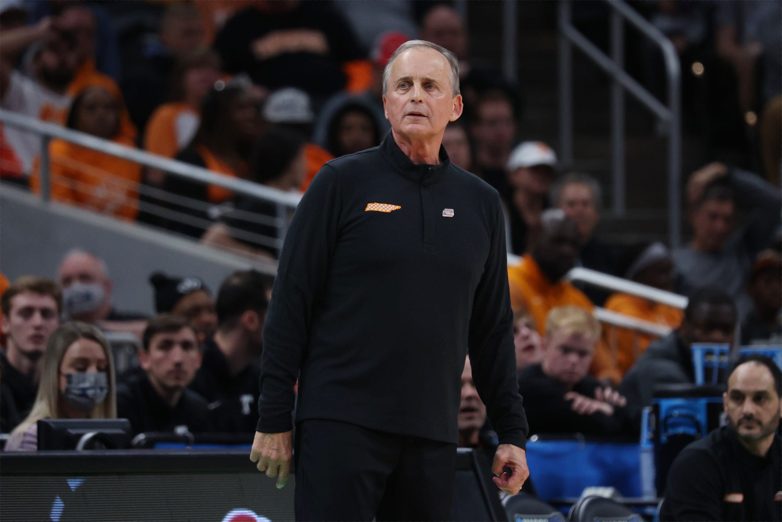 Mar 19, 2022; Indianapolis, IN, USA; Tennessee Volunteers head coach Rick Barnes reacts to play in the first half against the Michigan Wolverines during the second round of the 2022 NCAA Tournament at Gainbridge Fieldhouse. Mandatory Credit: Trevor Ruszkowski-USA TODAY Sports