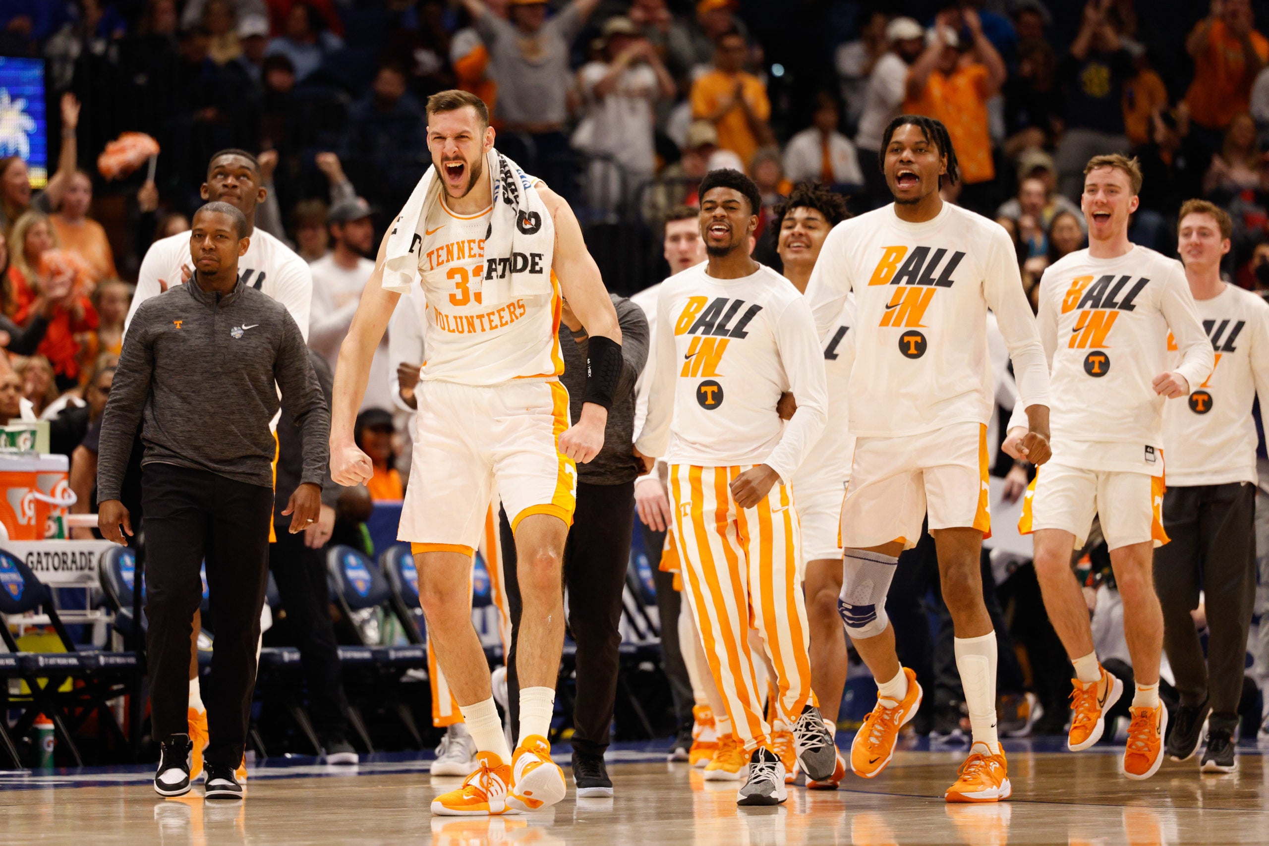 Mar 13, 2022; Tampa, FL, USA; Tennessee Volunteers forward Uros Plavsic (33) reacts during the second half against the Texas A&M Aggies at Amelie Arena. Mandatory Credit: Nathan Ray Seebeck-USA TODAY Sports