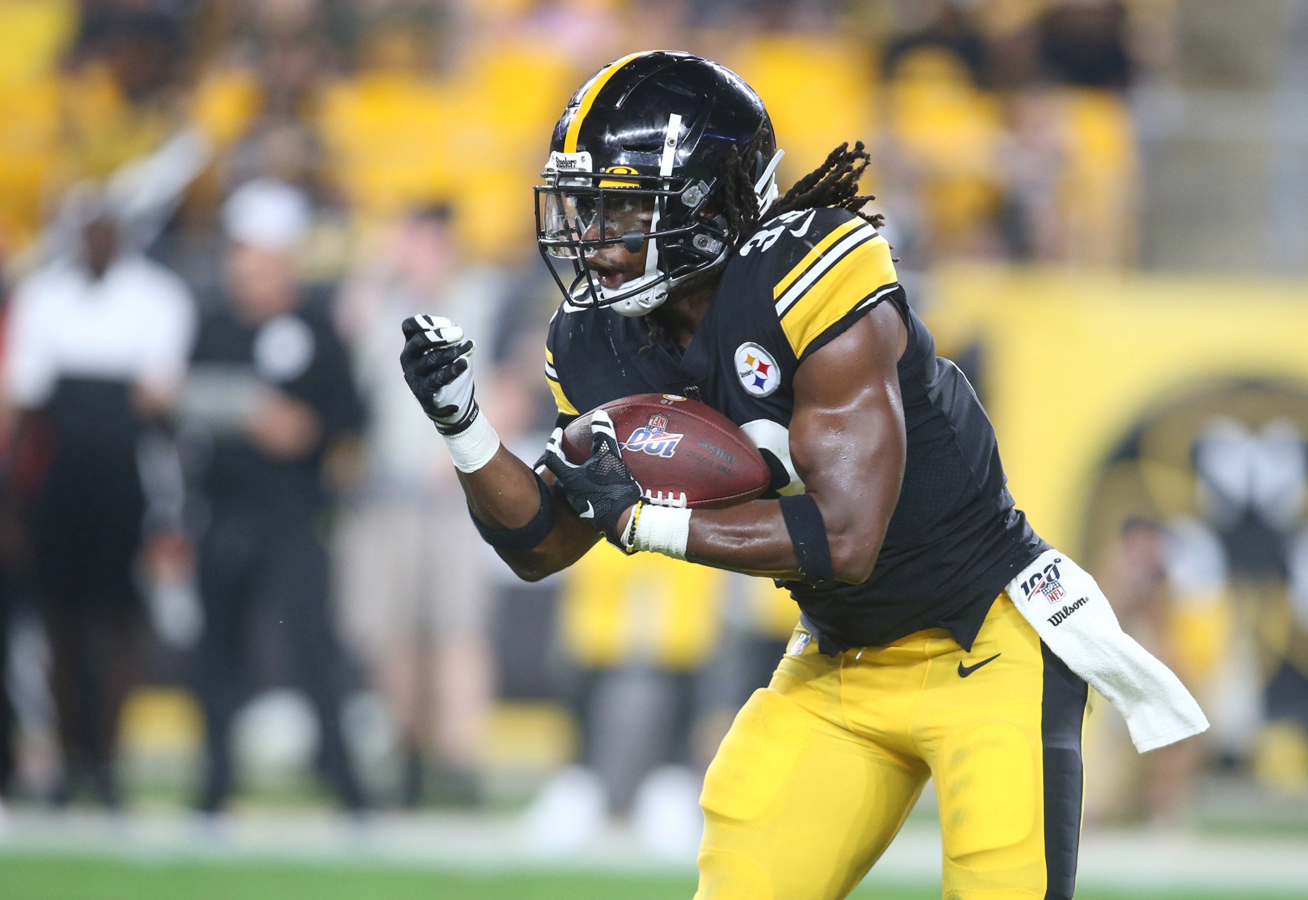 Aug 9, 2019; Pittsburgh, PA, USA;  Pittsburgh Steelers running back Trey Edmunds (33) returns a kick-off against the Tampa Bay Buccaneers during the third quarter at Heinz Field. Mandatory Credit: Charles LeClaire-USA TODAY Sports