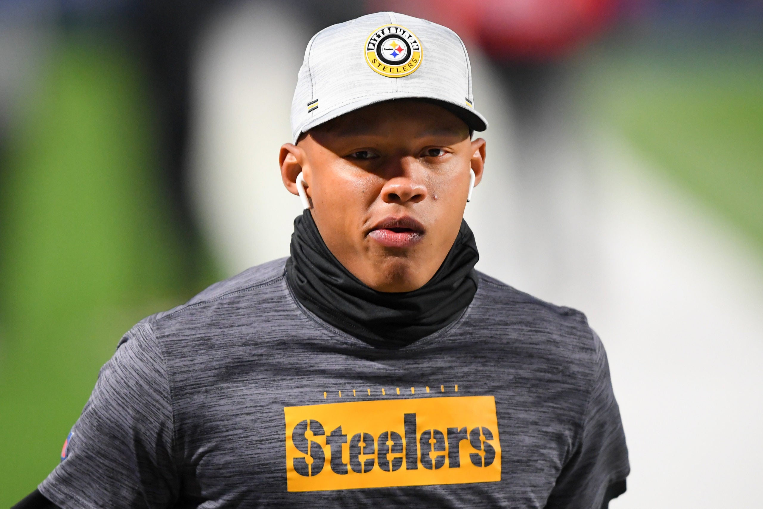 Dec 13, 2020; Orchard Park, New York, USA; Pittsburgh Steelers quarterback Joshua Dobbs (5) warms up prior to the game against the Buffalo Bills at Bills Stadium. Mandatory Credit: Rich Barnes-USA TODAY Sports