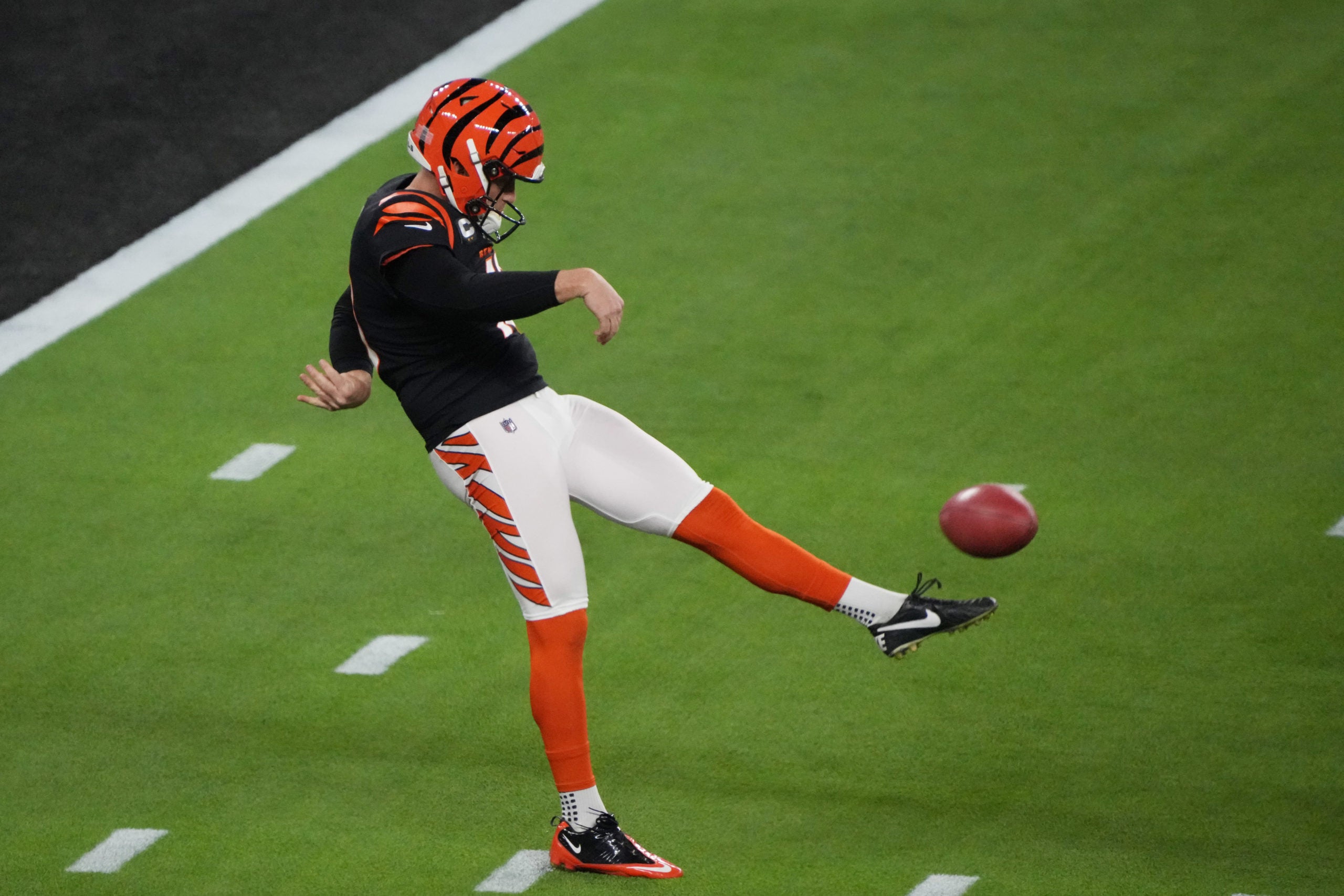 Feb 13, 2022; Inglewood, California, USA; Cincinnati Bengals punter Kevin Huber (10) punts against the Los Angeles Rams in the fourth quarter in Super Bowl LVI at SoFi Stadium. Mandatory Credit: Kirby Lee-USA TODAY Sports