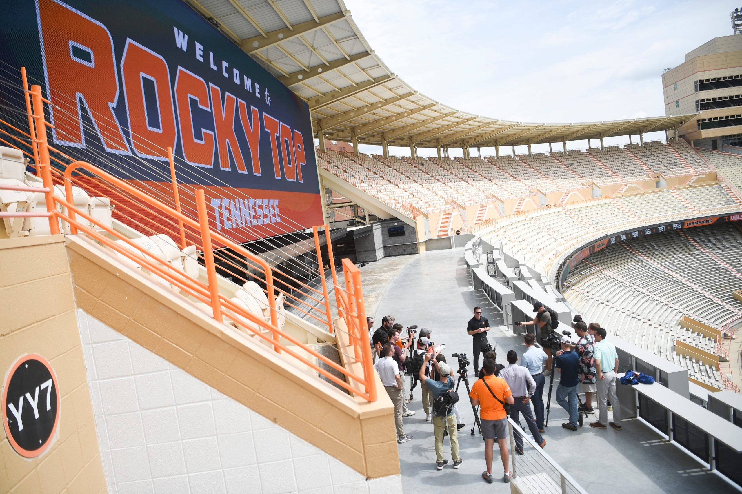 Deputy Athletics Director and Chief Operating Officer Ryan Alpert speaks to the media in the new Upper North Social Deck section of Neyland Stadium on University of Tennessee’s campus, Tuesday, Aug. 30, 2022. RANK 4 Neyland0830 0097