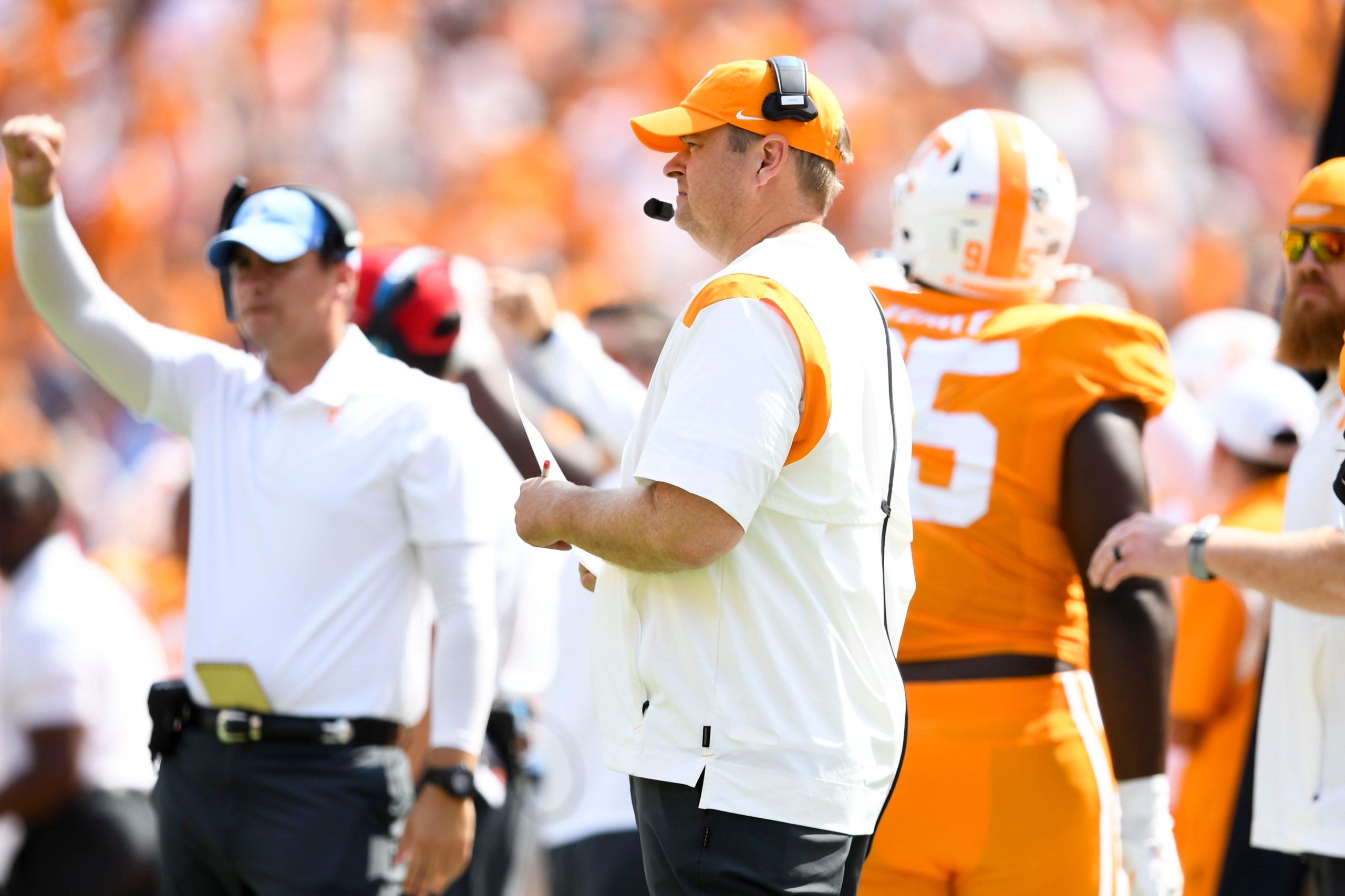 Tennessee Head Coach Josh Heupel during a game against Pittsburgh at Neyland Stadium in Knoxville, Tenn. on Saturday, Sept. 11, 2021. Kns Tennessee Pittsburgh Football