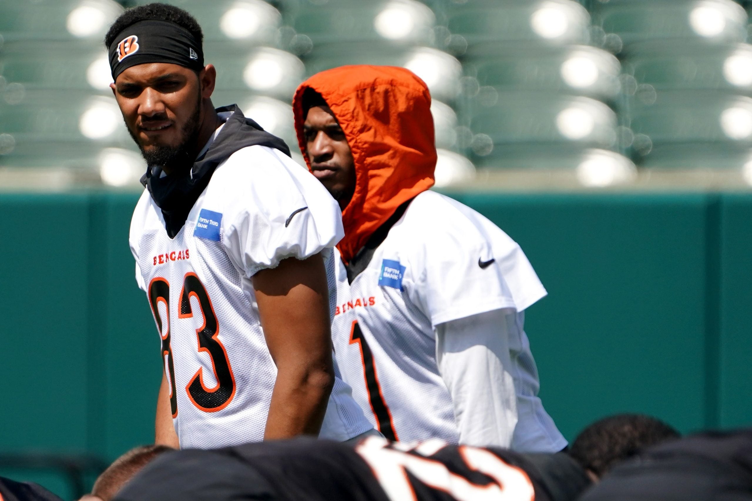 Cincinnati Bengals wide receiver Tyler Boyd (83) and Cincinnati Bengals wide receiver Ja'Marr Chase (1) line up on the line of scrimmage during a walk thru portion of  organized team activities practice, Tuesday, June 14, 2022, at Paul Brown Stadium in Cincinnati. Cincinnati Bengals Football Practice June 14 0024