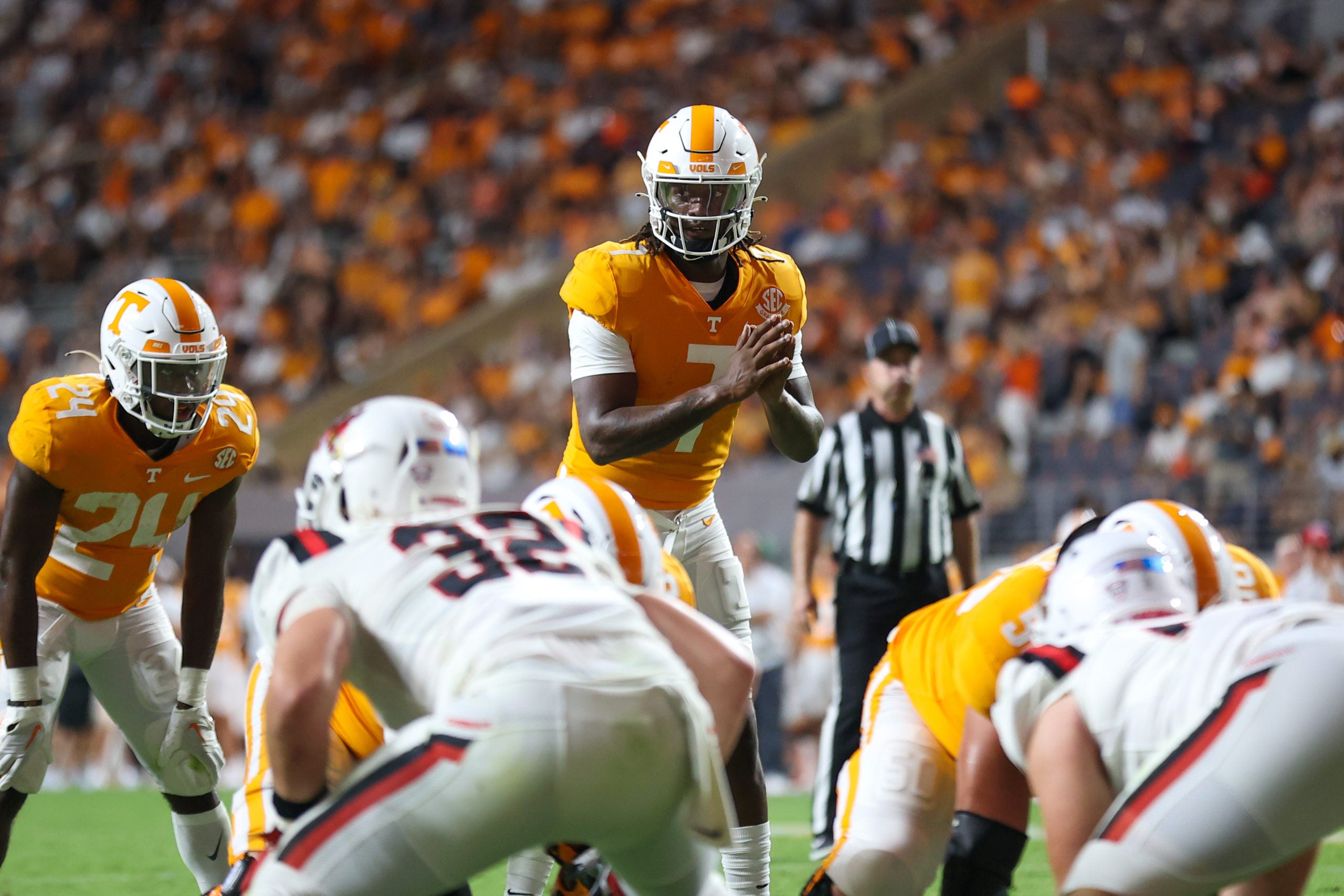 Sep 1, 2022; Knoxville, Tennessee, USA; Tennessee Volunteers quarterback Joe Milton III (7) during the second half against the Ball State Cardinals at Neyland Stadium. Mandatory Credit: Randy Sartin-USA TODAY Sports