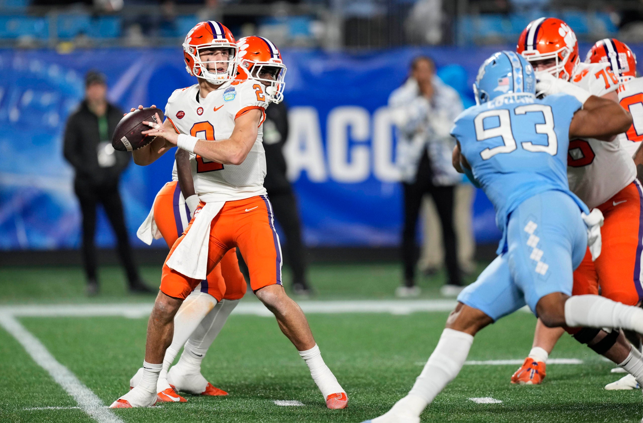 Dec 3, 2022; Charlotte, North Carolina, USA; Clemson Tigers quarterback Cade Klubnik (2) drops to throw during the fourth quarter of the ACC Championship game against the North Carolina Tar Heels at Bank of America Stadium. Mandatory Credit: Jim Dedmon-USA TODAY Sports