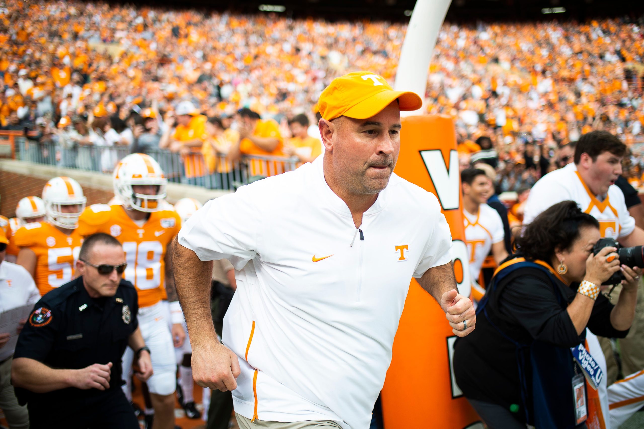 Tennessee Head Coach Jeremy Pruitt takes the field during a game between Tennessee and South Carolina at Neyland Stadium in Knoxville, Tennessee on Saturday, October 26, 2019. Utvsc1026 RANK 1
