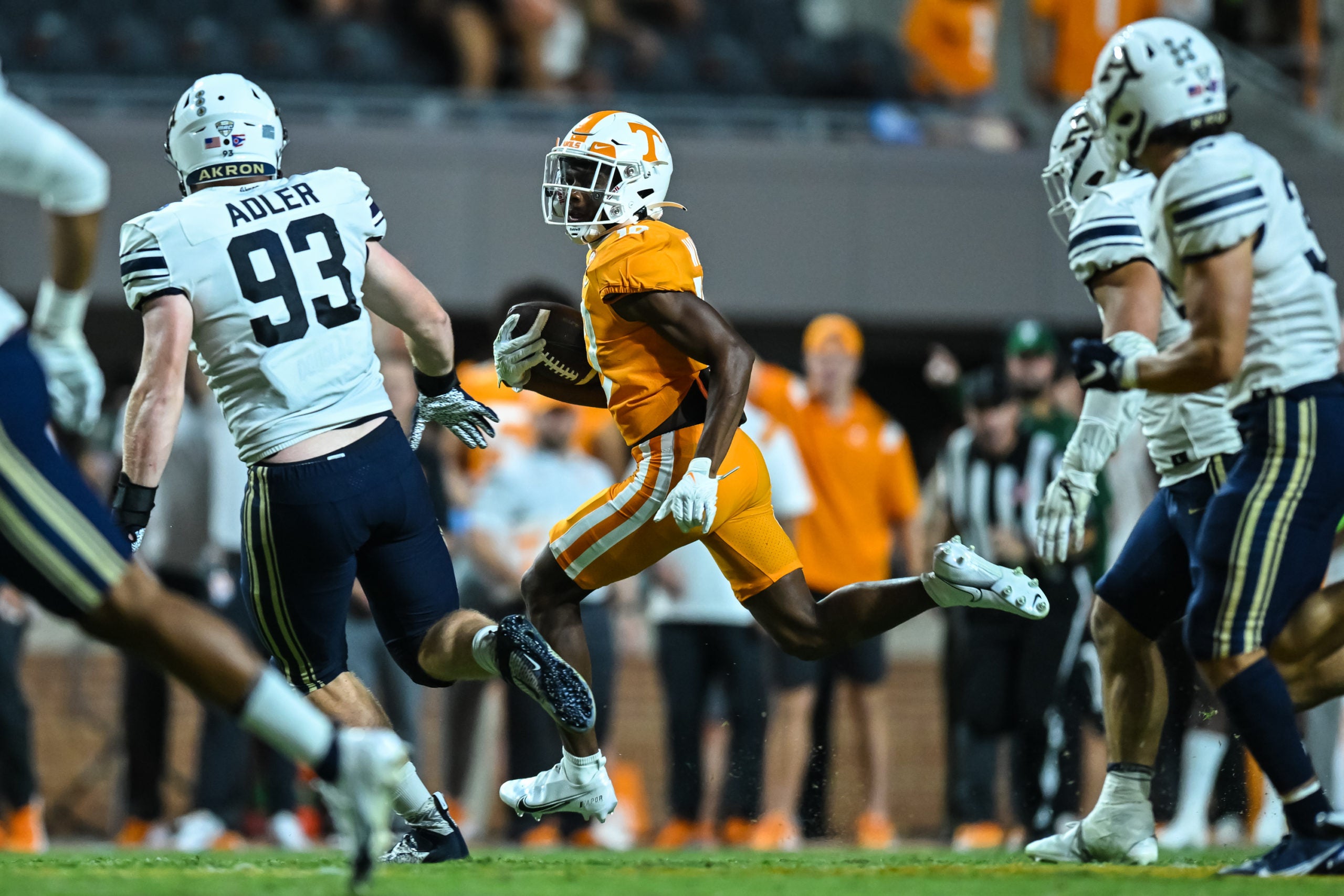 Sep 17, 2022; Knoxville, Tennessee, USA; Tennessee Volunteers wide receiver Squirrel White (10) returns a punt during the second half against the Akron Zips at Neyland Stadium. Mandatory Credit: Bryan Lynn-USA TODAY Sports
