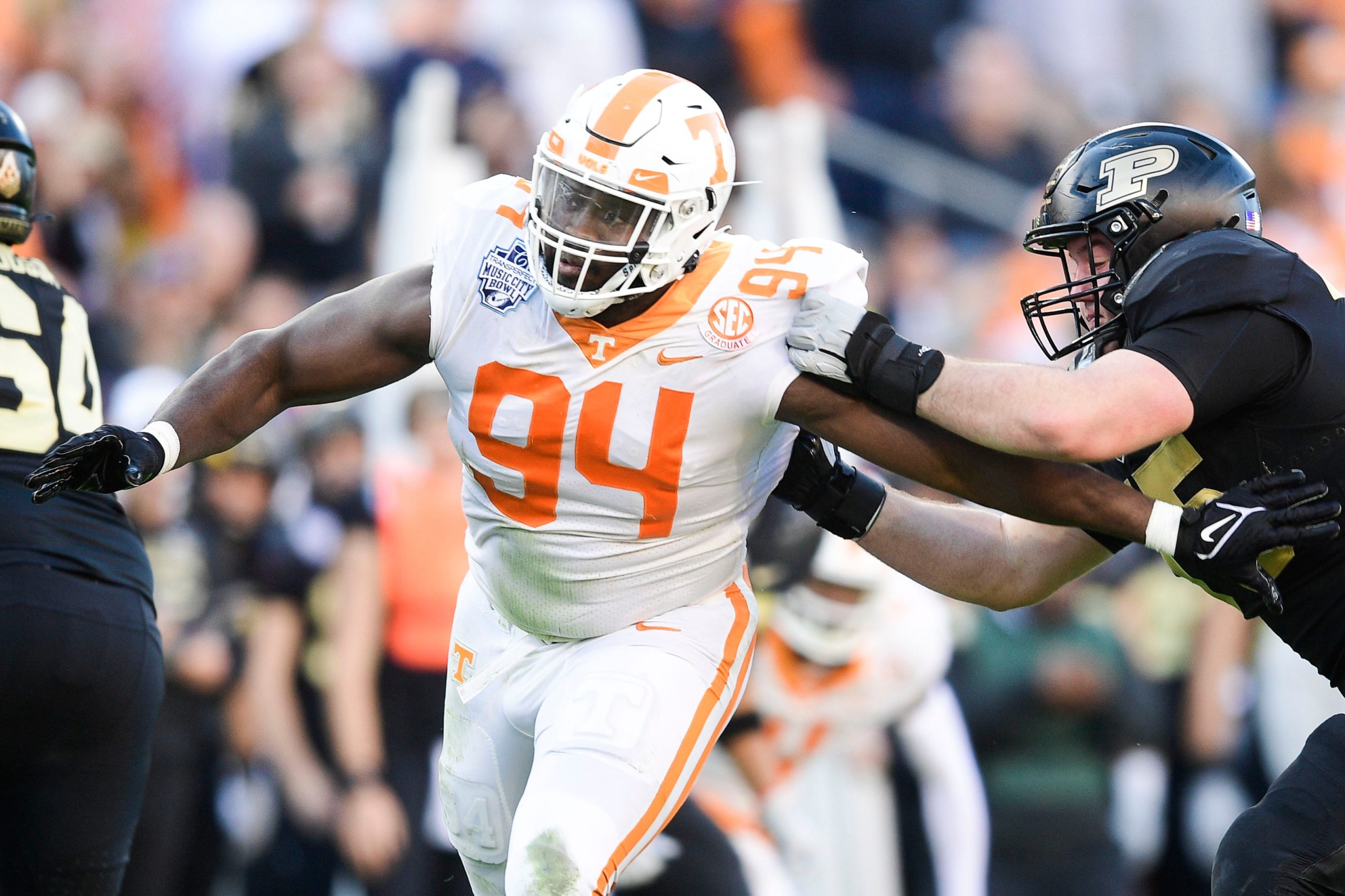 Tennessee defensive lineman Matthew Butler (94) defends at the 2021 Music City Bowl NCAA college football game at Nissan Stadium in Nashville, Tenn. on Thursday, Dec. 30, 2021. Kns Tennessee Purdue