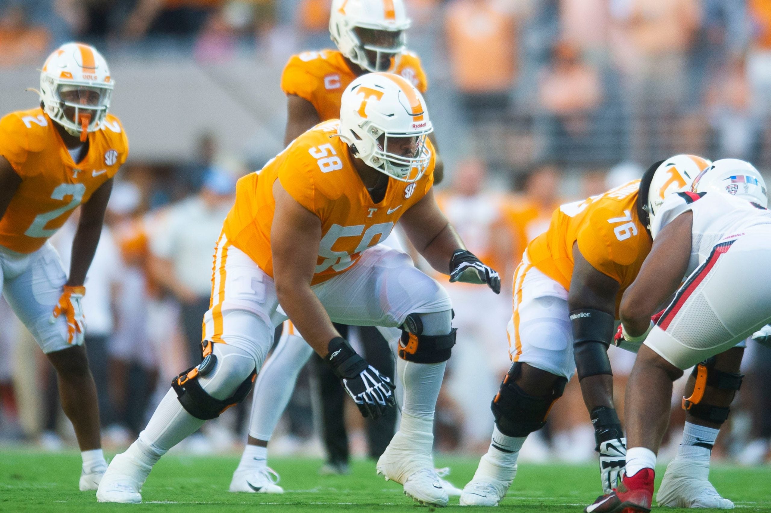 Tennessee offensive lineman Darnell Wright (58) during football game between Tennessee and Ball State at Neyland Stadium in Knoxville, Tenn. on Thursday, Sept. 1, 2022. Kns Utvbs0901