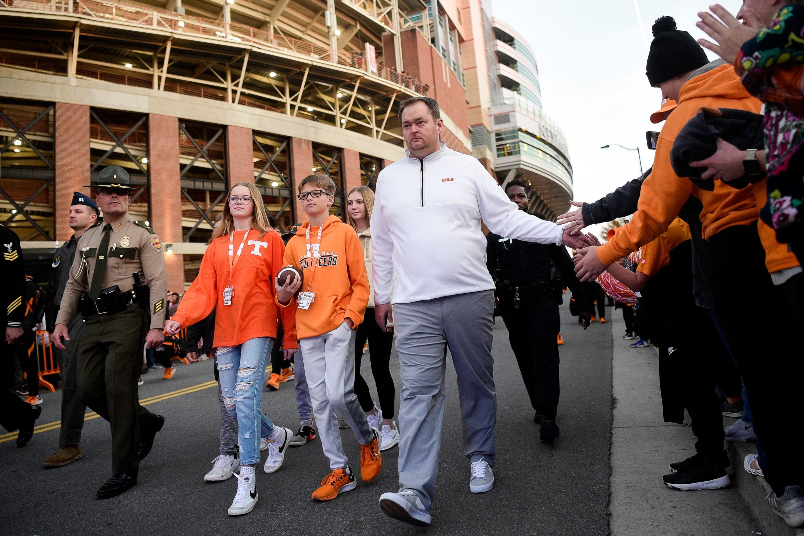 Tennessee Head Coach Josh Heupel greets fans during the Vol Walk ahead of a game against South Alabama at Neyland Stadium in Knoxville, Tenn. on Saturday, Nov. 20, 2021. Kns Tennessee South Alabama Football