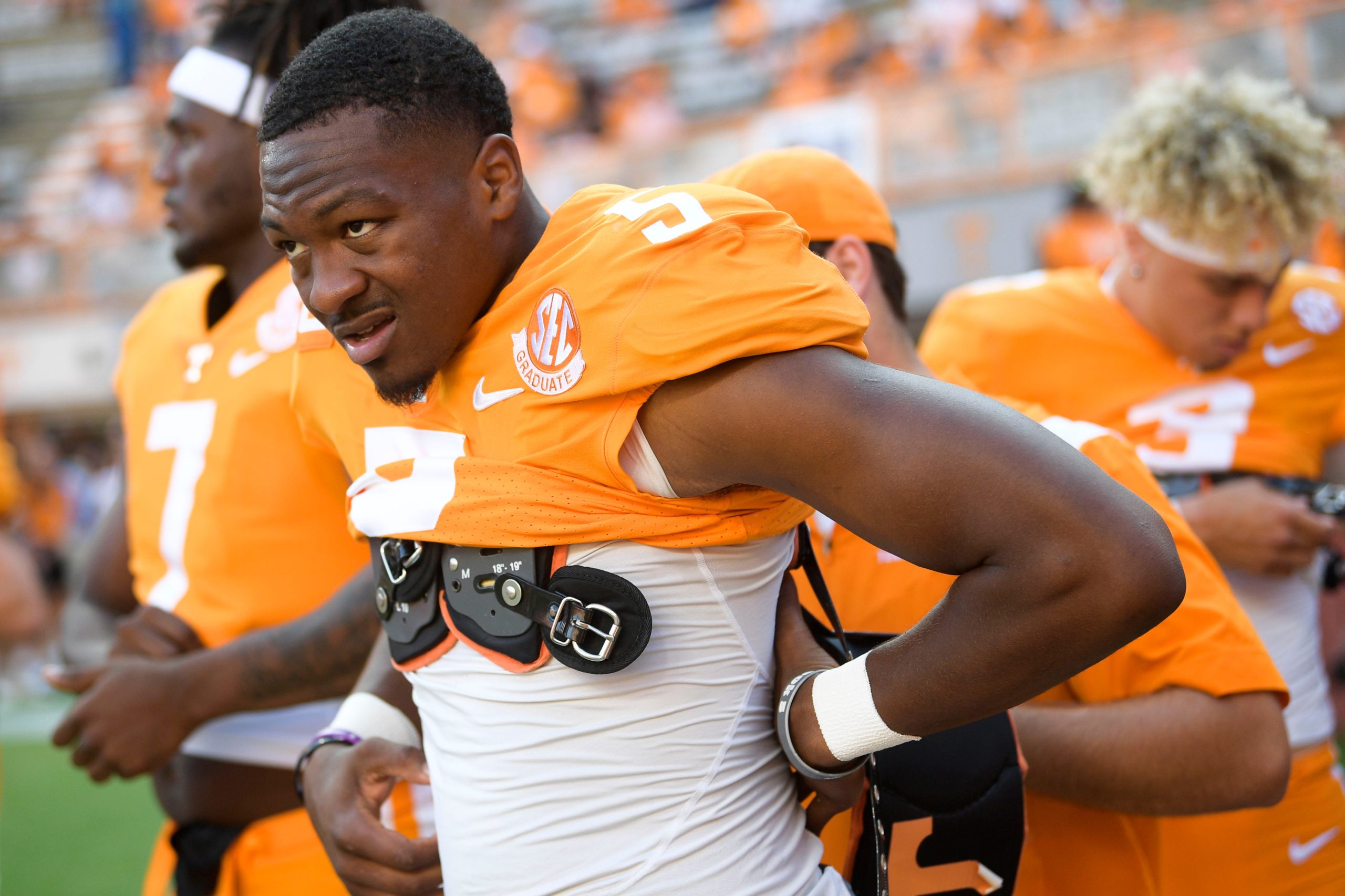 Tennessee quarterback Hendon Hooker (5) and quarterbacks put on their uniforms as they warm up ahead of a game between Tennessee and Akron at Neyland Stadium in Knoxville, Tenn. on Saturday, Sept. 17, 2022. Kns Utvakron0917