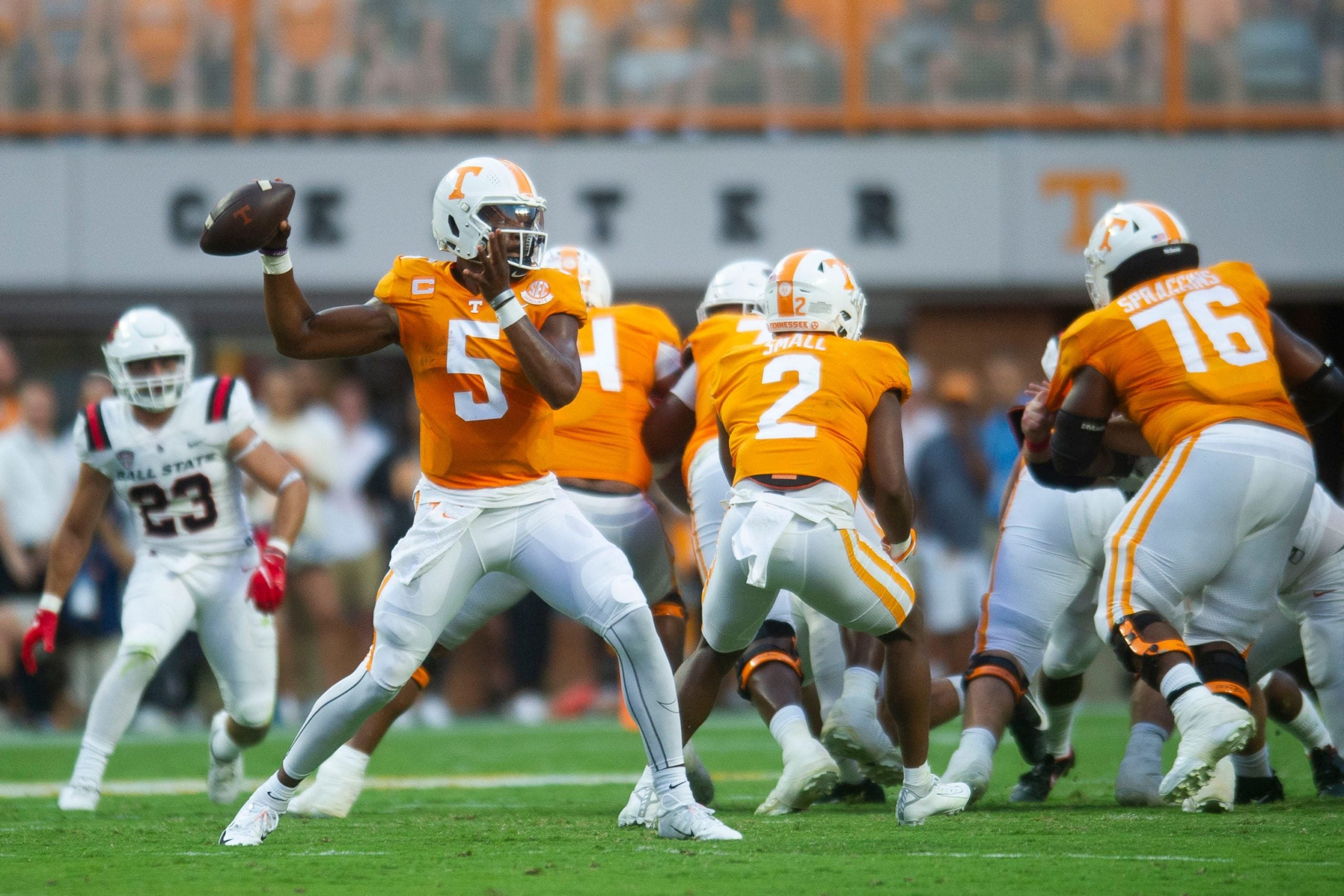 Tennessee quarterback Hendon Hooker (5) throws a pass during football game between Tennessee and Ball State at Neyland Stadium in Knoxville, Tenn. on Thursday, Sept. 1, 2022. Kns Utvbs0901