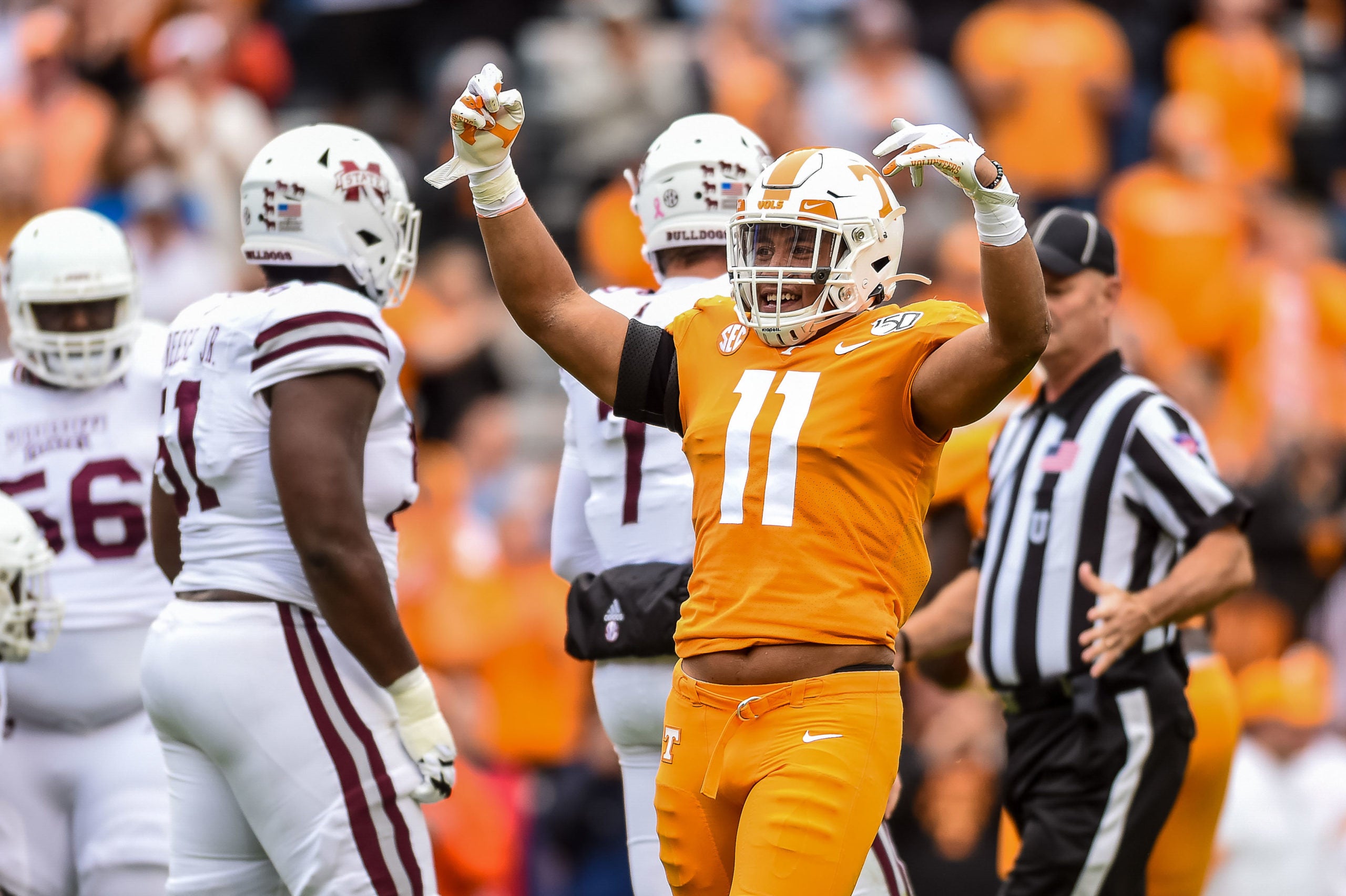 Oct 12, 2019; Knoxville, TN, USA; Tennessee Volunteers linebacker Henry To'o To'o (11) celebrates during the first half of a game against the Mississippi State Bulldogs at Neyland Stadium. Mandatory Credit: Bryan Lynn-USA TODAY Sports