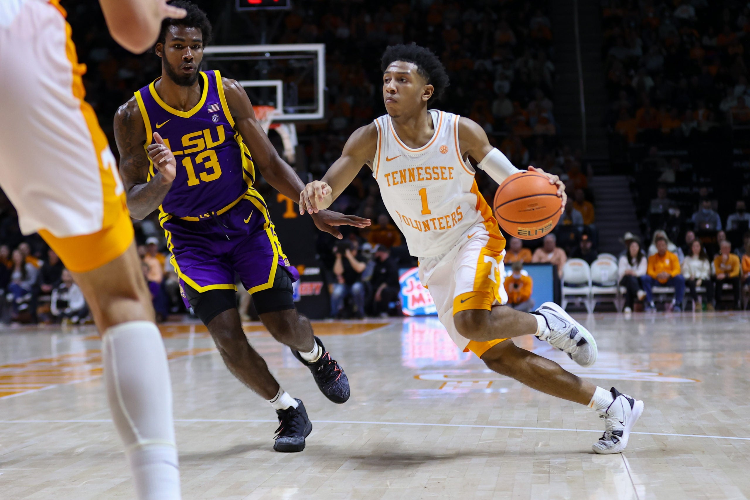 Feb 5, 2022; Columbia, South Carolina, USA; Tennessee Volunteers guard Josiah-Jordan James (30) is congratulated by Tennessee Volunteers head coach Rick Barnes leaving the game against the South Carolina Gamecocks in the second half at Colonial Life Arena. Mandatory Credit: Jeff Blake-USA TODAY Sports