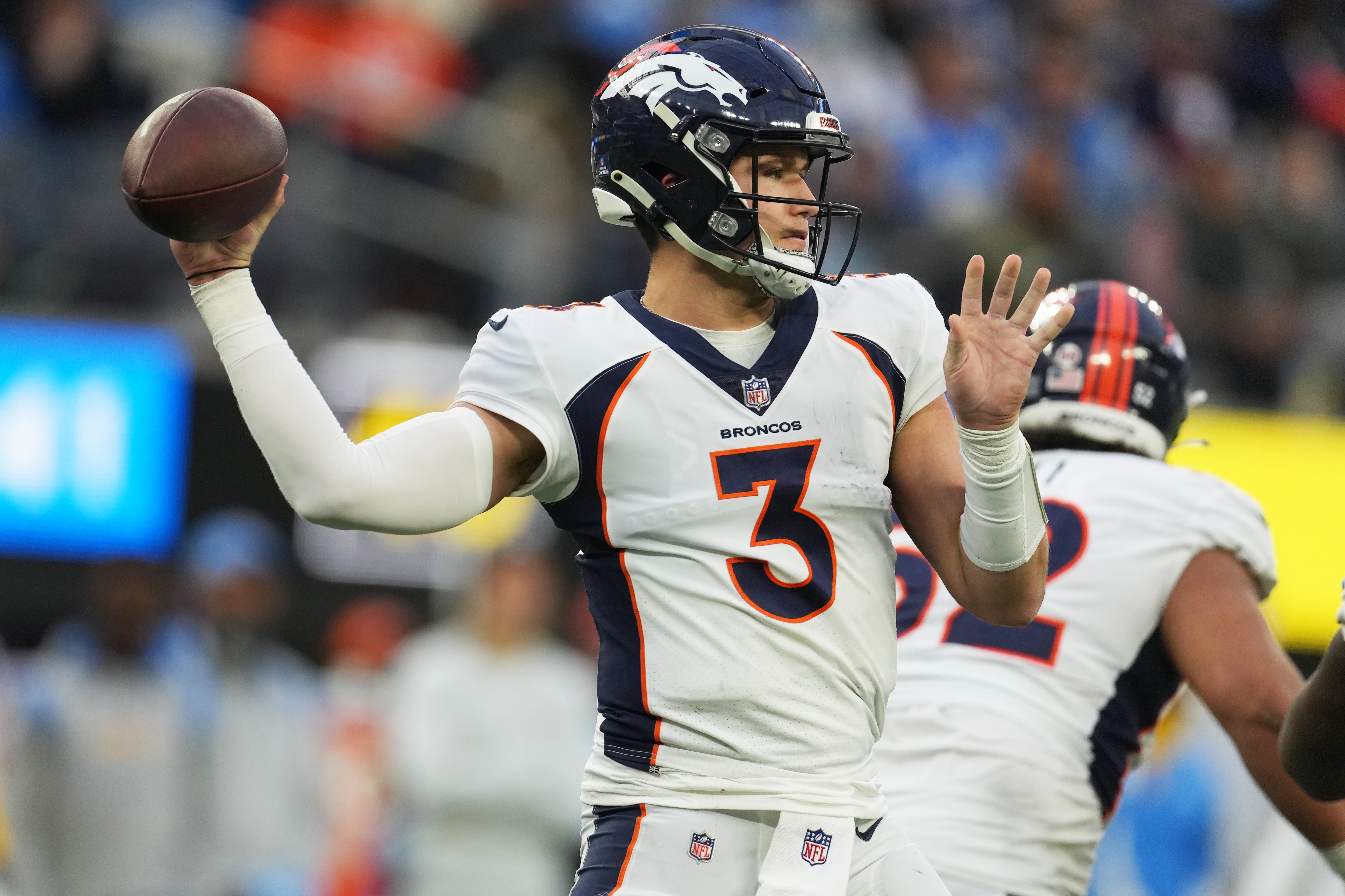 Jan 2, 2022; Inglewood, California, USA; Denver Broncos quarterback Drew Lock (3) throws the ball in the second half against the Los Angeles Chargers at SoFi Stadium. Mandatory Credit: Kirby Lee-USA TODAY Sports