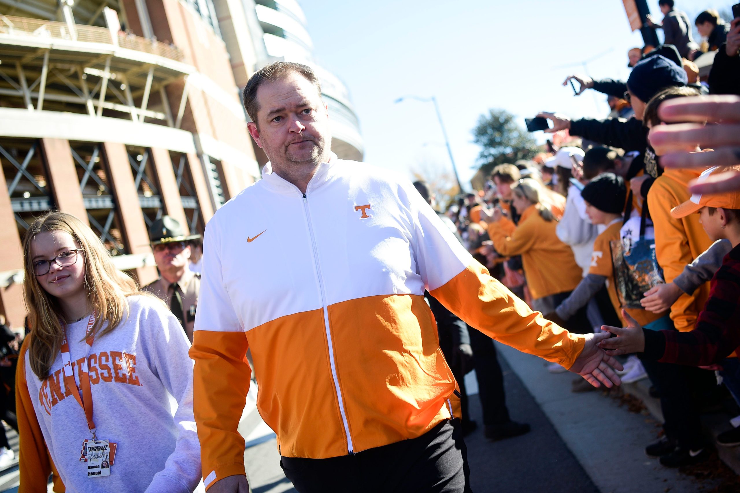 Tennessee Head Coach Josh Heupel greets fans with his daughter, Hannah, left, during the Vol Walk ahead of an SEC conference game between Tennessee and Vanderbilt at Neyland Stadium in Knoxville, Tenn. on Saturday, Nov. 27, 2021. Kns Tennessee Vanderbilt Football