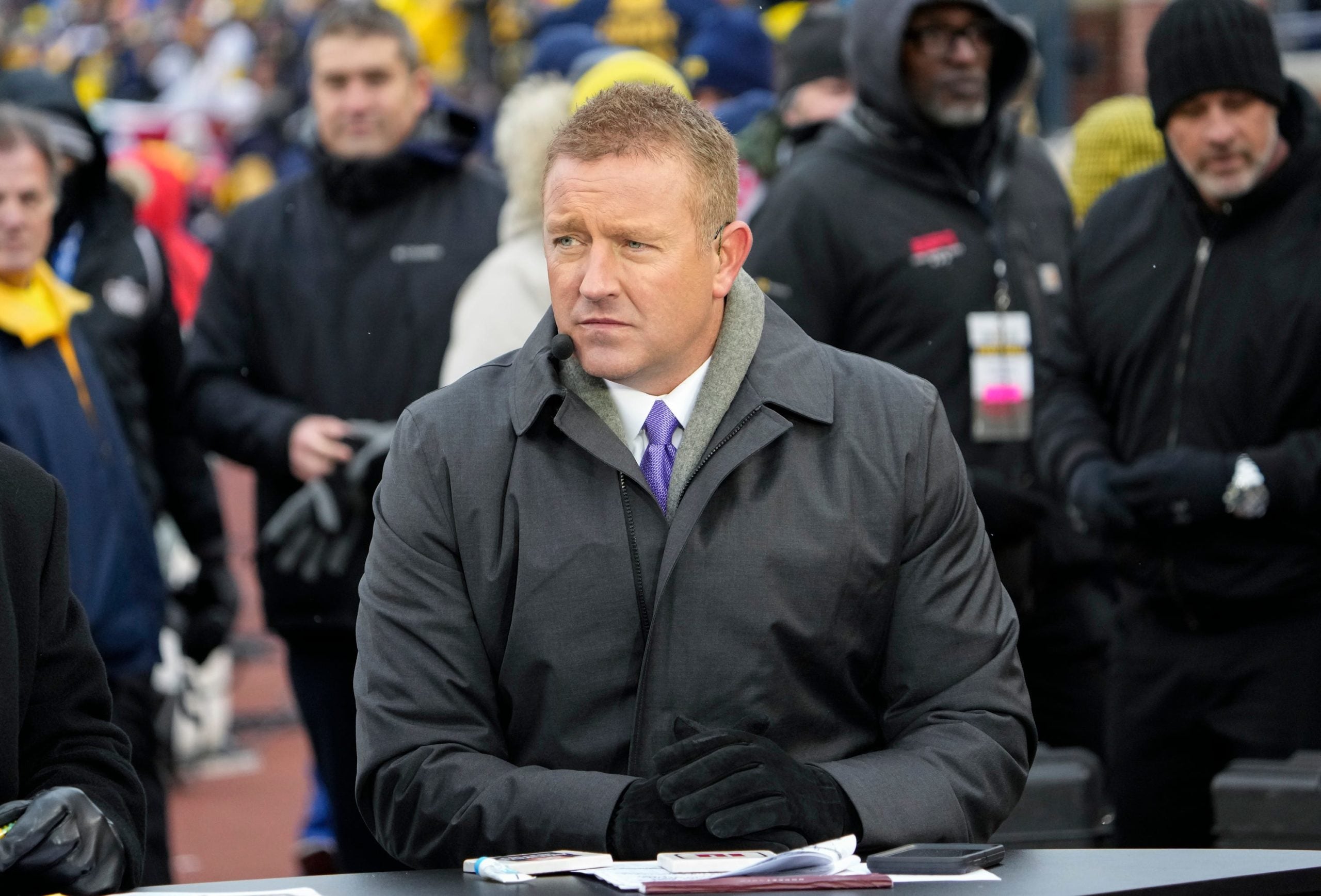 Former Ohio State Buckeyes quarterback Kirk Herbstreit sits on the set of ESPN College GameDay prior to the NCAA football game between the Michigan Wolverines and the Buckeyes at Michigan Stadium in Ann Arbor on Monday, Nov. 29, 2021. Ohio State Buckeyes At Michigan Wolverines