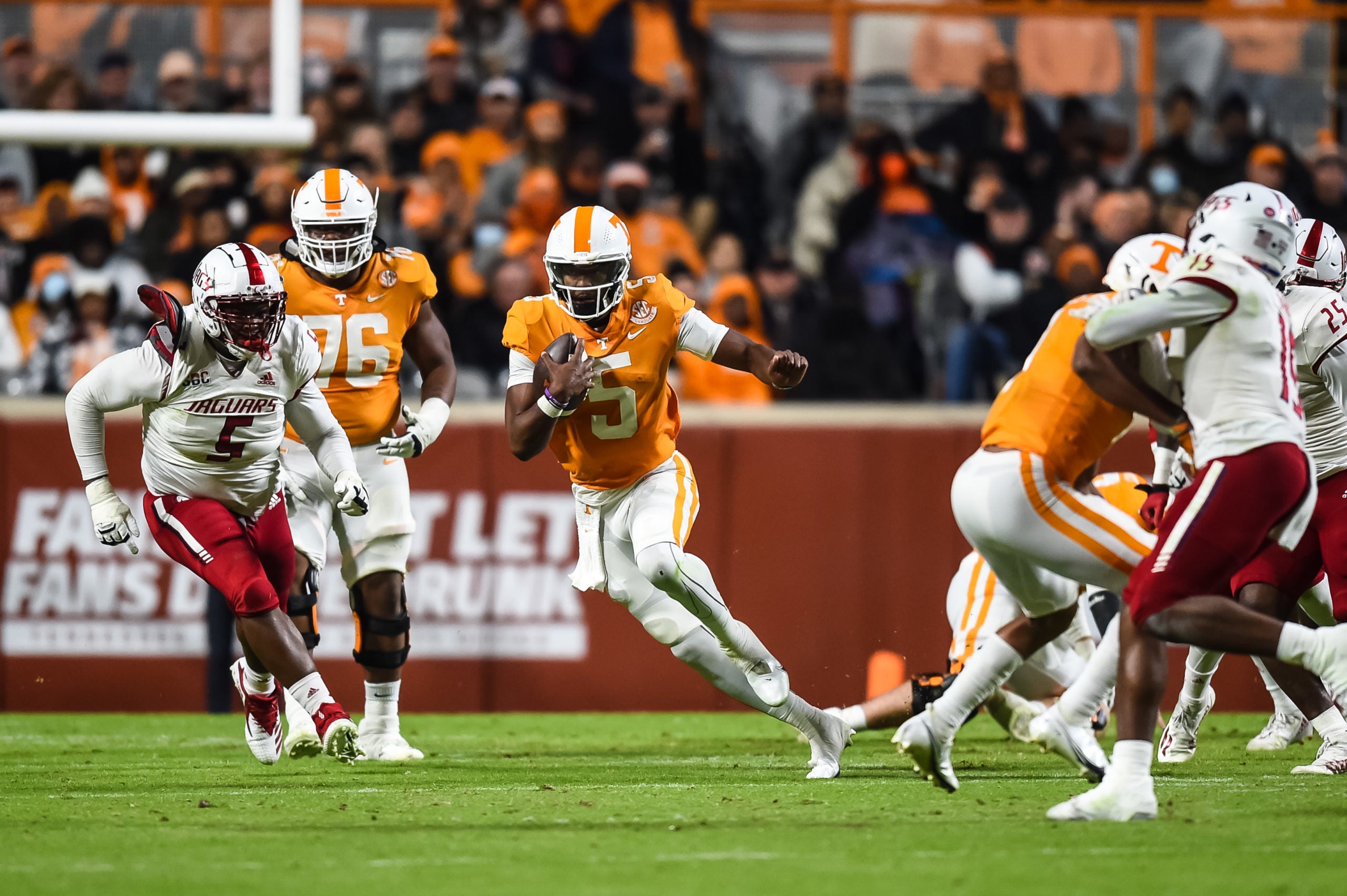 Nov 20, 2021; Knoxville, Tennessee, USA; Tennessee Volunteers quarterback Hendon Hooker (5) runs the ball against the South Alabama Jaguars during the first half at Neyland Stadium. Mandatory Credit: Bryan Lynn-USA TODAY Sports
