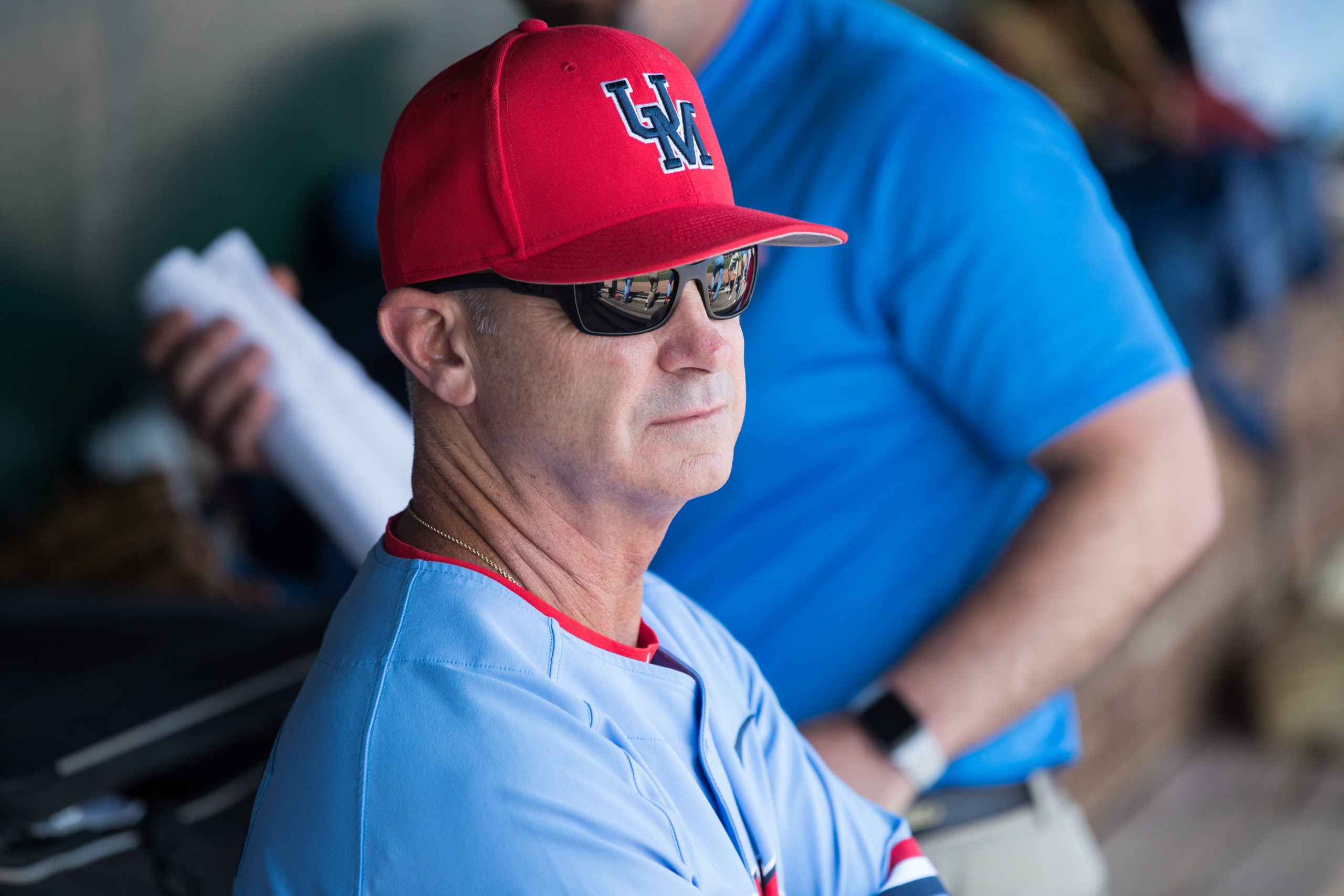 Jun 10, 2019; Fayetteville, AR, USA; Mississippi Rebels head coach Mike Bianco looks on from the dugout during the game against the Arkansas Razorbacks at Baum-Walker Stadium. Mandatory Credit: Brett Rojo-USA TODAY Sports