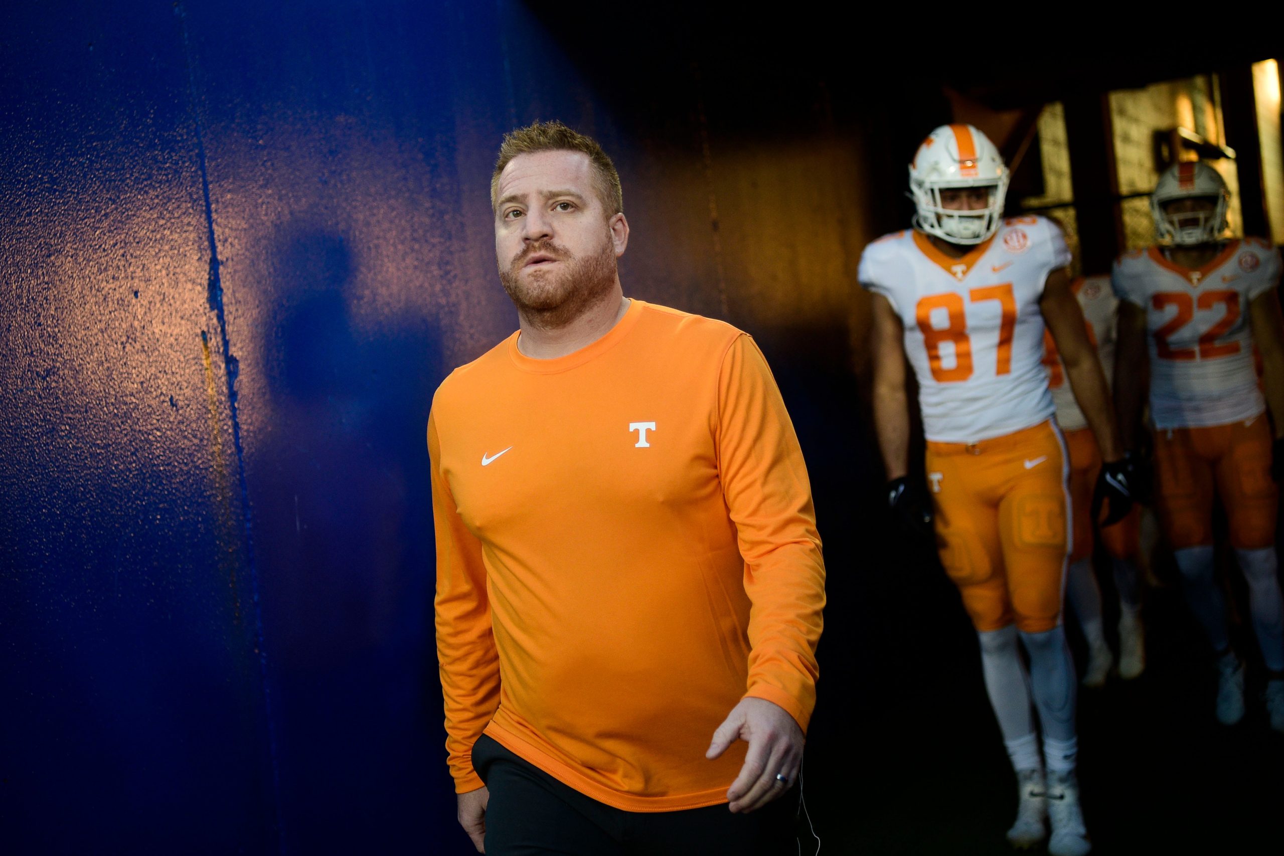 Tennessee Offensive Coordinator and Tight Ends Coach Alex Golesh walks on the field before an SEC football game between Tennessee and Kentucky at Kroger Field in Lexington, Ky. on Saturday, Nov. 6, 2021. Kns Tennessee Kentucky Football
