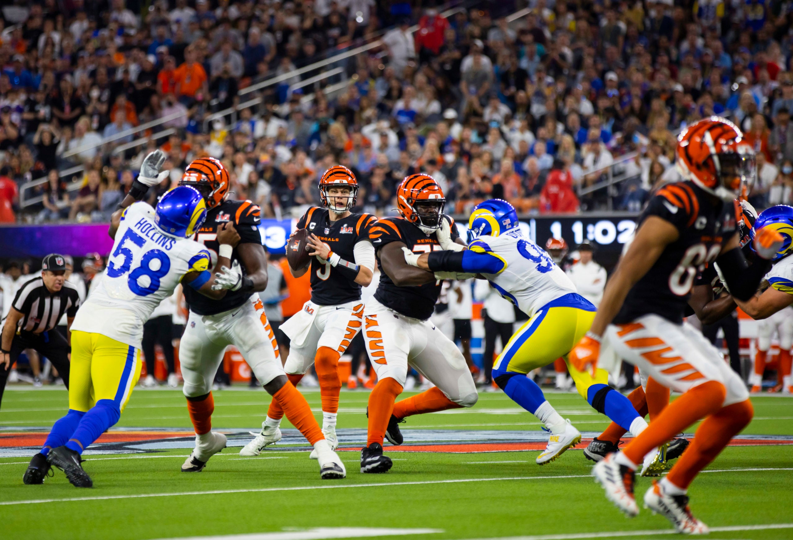 Feb 13, 2022; Inglewood, CA, USA; Cincinnati Bengals quarterback Joe Burrow (9) against the Los Angeles Rams during Super Bowl LVI at SoFi Stadium. Mandatory Credit: Mark J. Rebilas-USA TODAY Sports