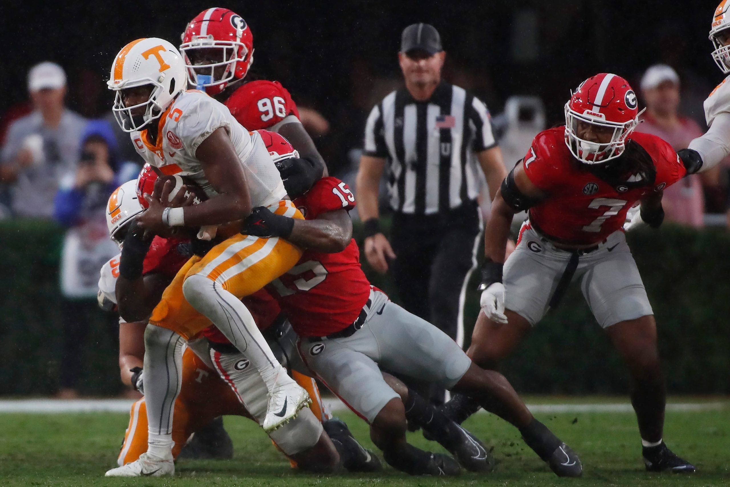 Tennessee quarterback Hendon Hooker (5) is sacked by Georgia linebacker Trezmen Marshall (15) during the second half of a NCAA college football game between Tennessee and Georgia in Athens, Ga., on Saturday, Nov. 5, 2022. Georgia won 27-13. News Joshua L Jones