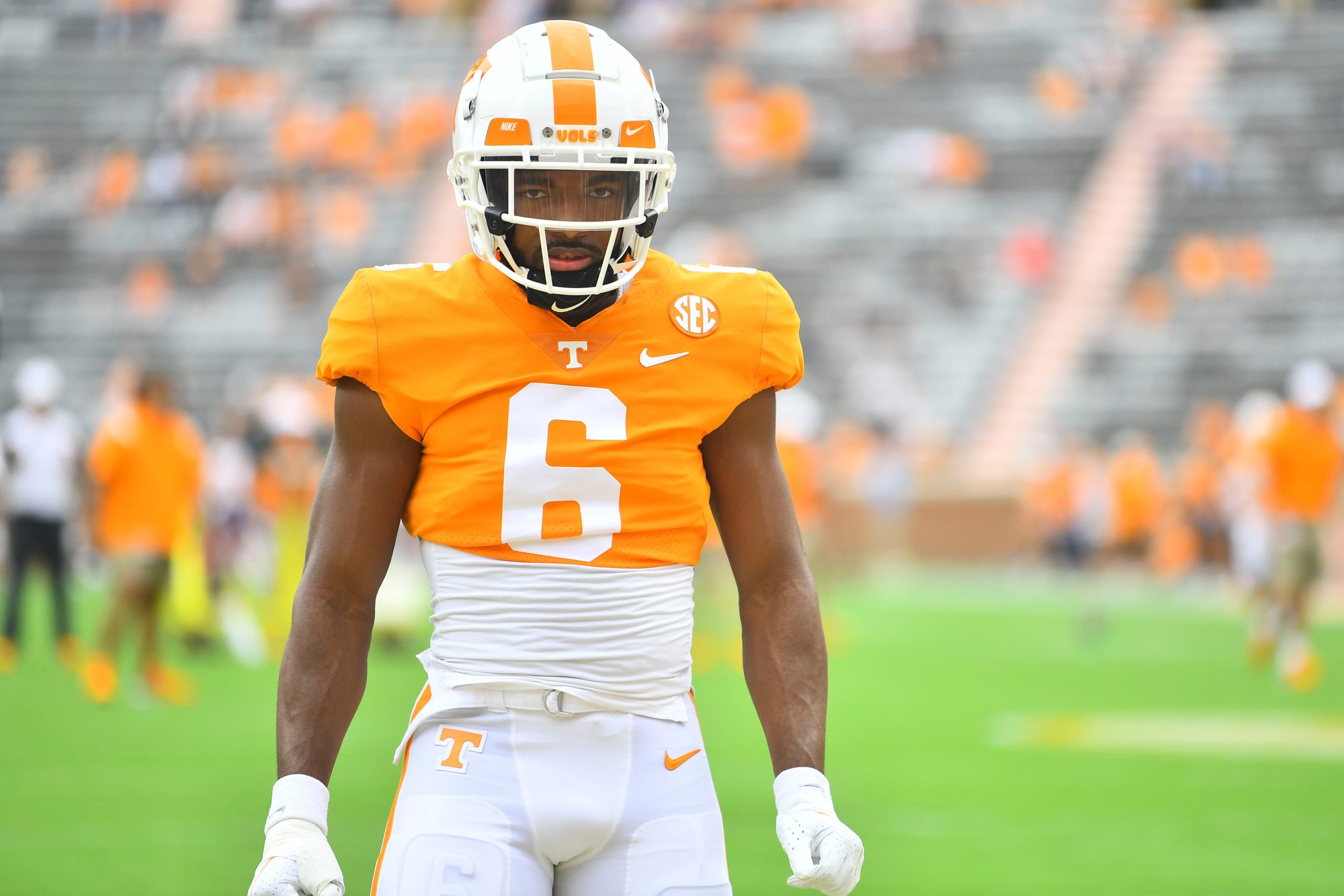 Tennessee wide receiver Jimmy Holiday (6) warming up before the start of an NCAA college football game between the Tennessee Volunteers and Tennessee Tech Golden Eagles in Knoxville, Tenn. on Saturday, September 18, 2021. Utvtech0917